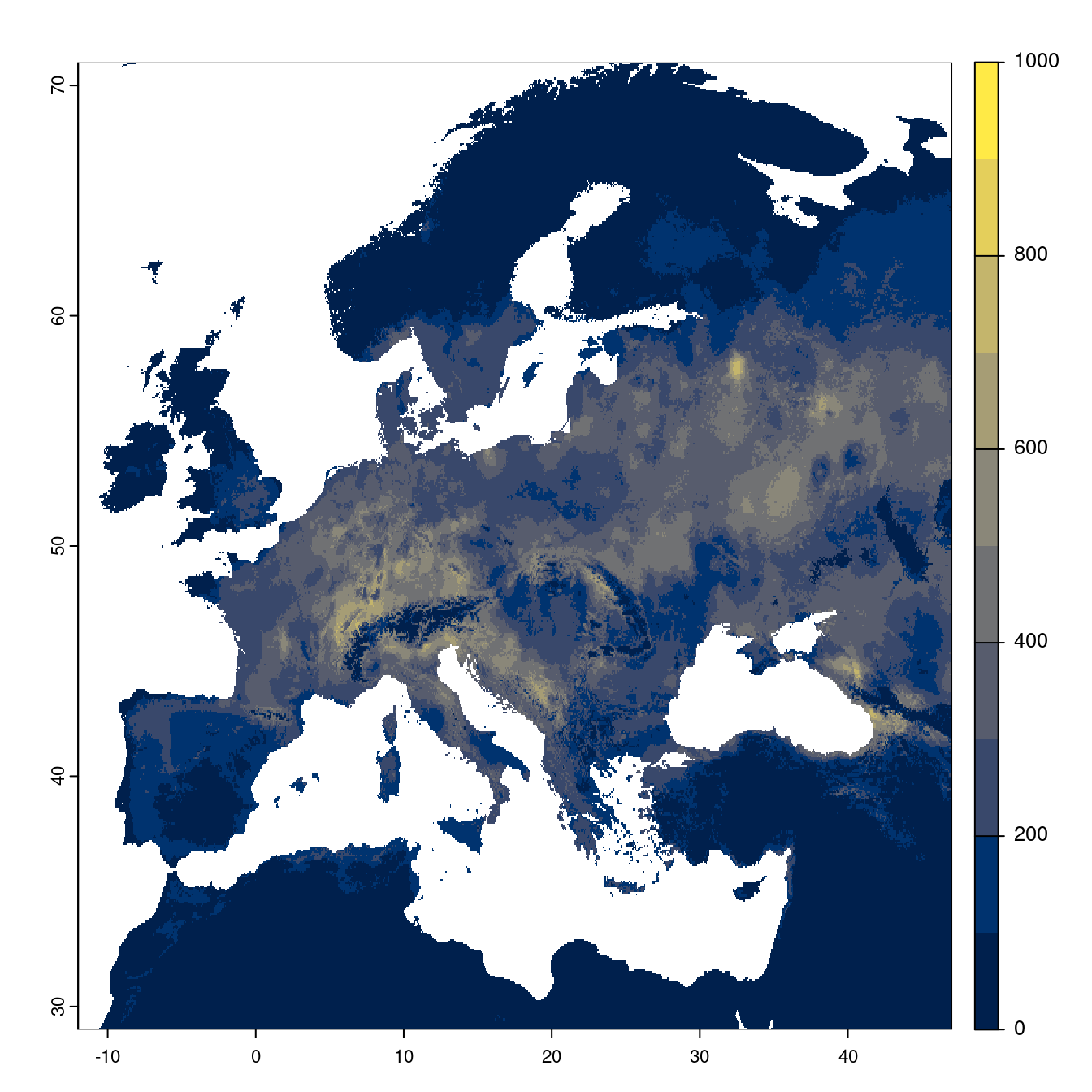 Projection des distributions potentielles futures jusqu'à l'horizon 2100 sous le scénario SSP1-2.6 (modèle d'ensemble).