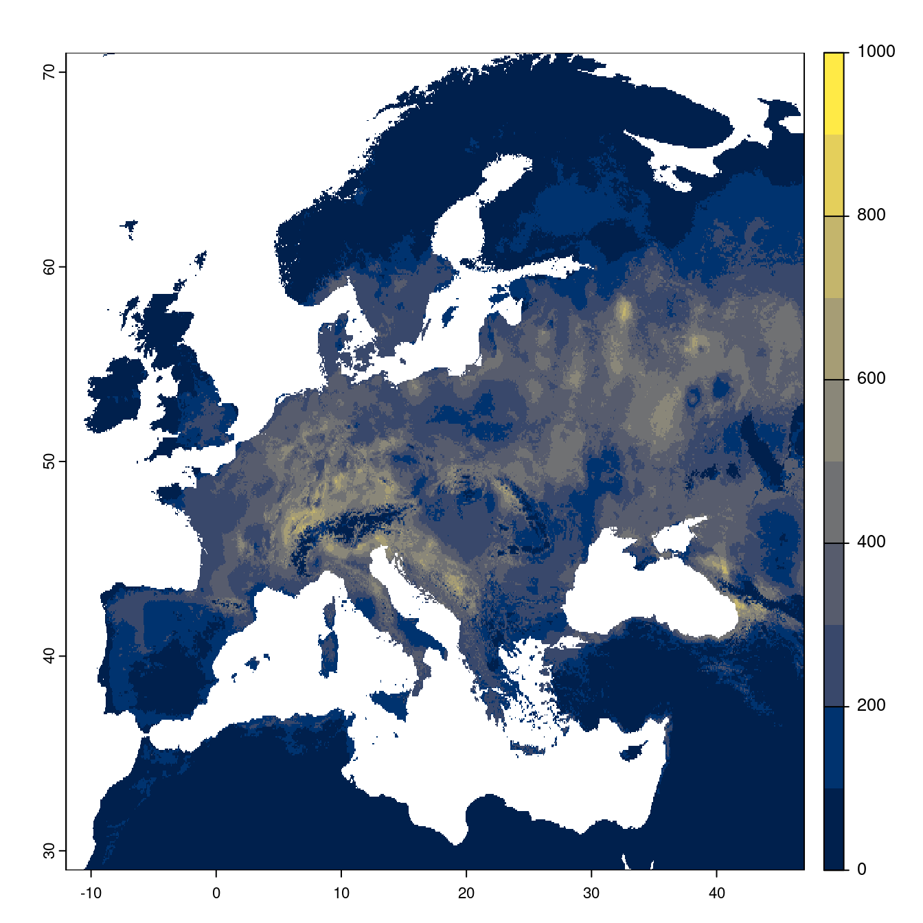 Projection des distributions potentielles futures jusqu'à l'horizon 2100 sous le scénario SSP2-4.5 (modèle d'ensemble).