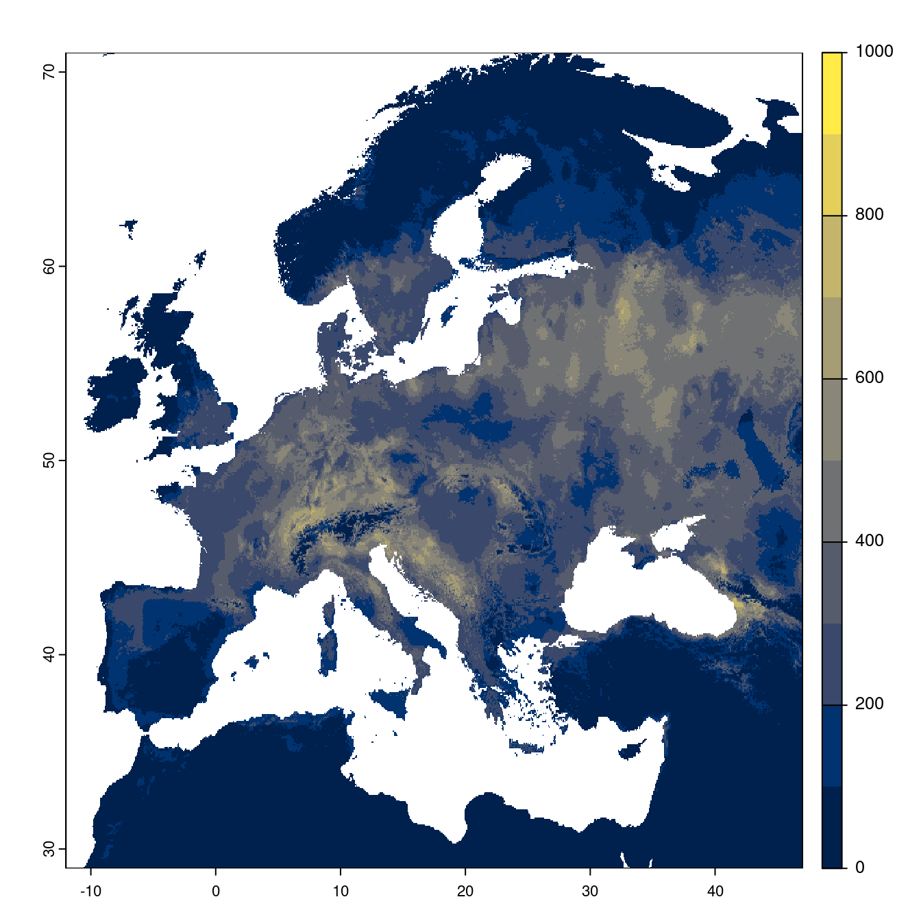 Projection des distributions potentielles futures jusqu'à l'horizon 2100 sous le scénario SSP2-4.5 (modèle d'ensemble).