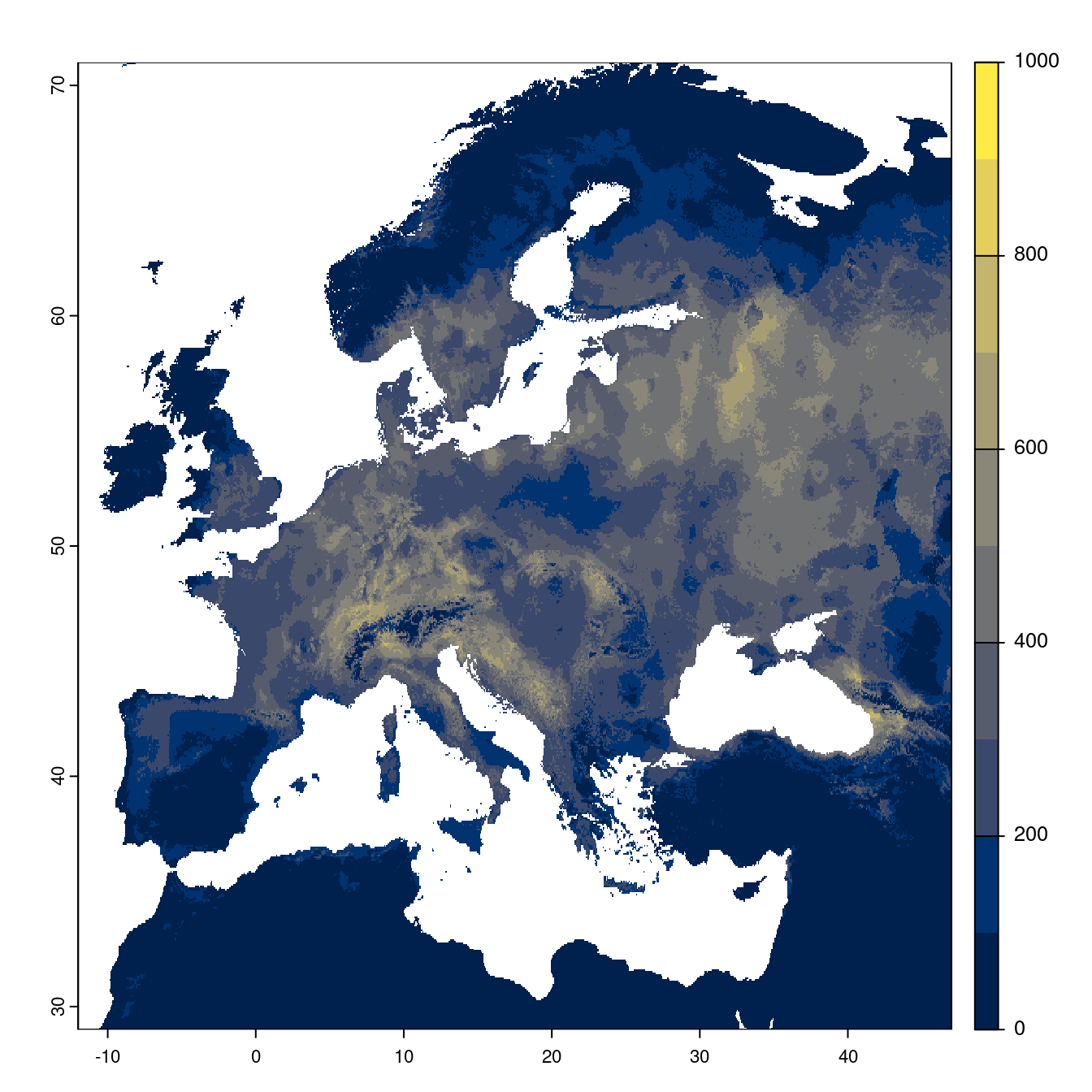 Projection des distributions potentielles futures jusqu'à l'horizon 2100 sous le scénario SSP2-4.5 (modèle d'ensemble).