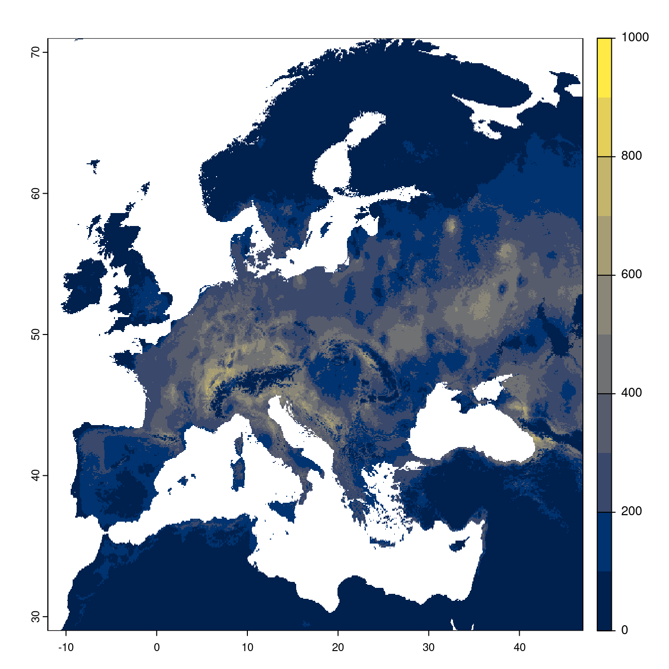 Projection des distributions potentielles futures jusqu'à l'horizon 2100 sous le scénario SSP3-7.0 (modèle d'ensemble).