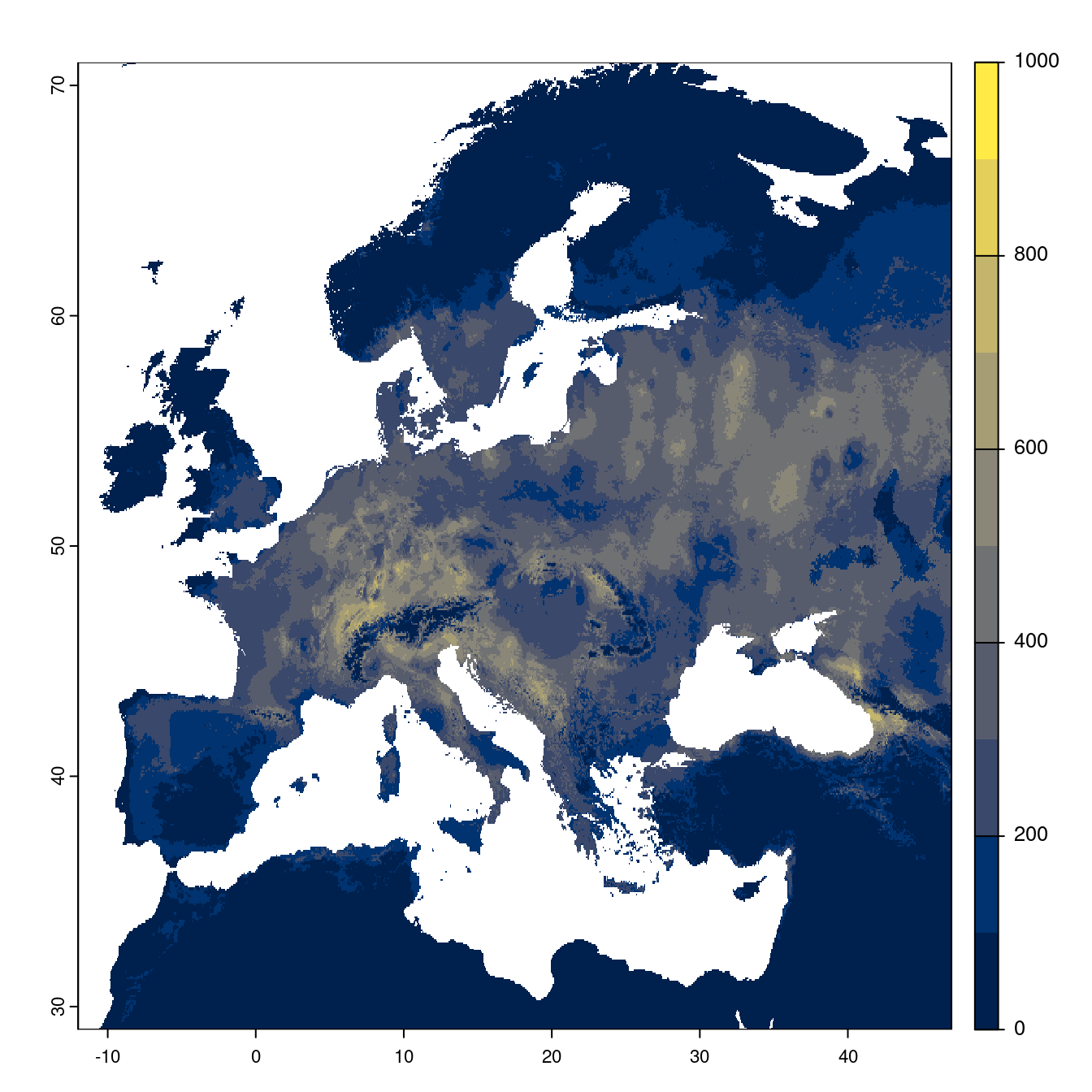 Projection des distributions potentielles futures jusqu'à l'horizon 2100 sous le scénario SSP3-7.0 (modèle d'ensemble).