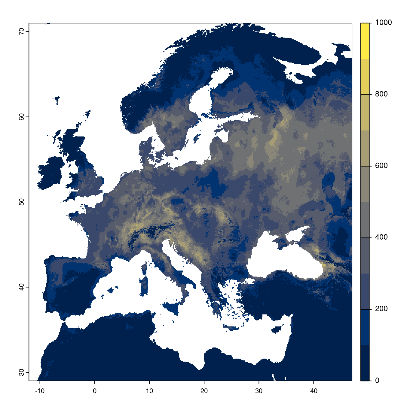 Projection des distributions potentielles futures jusqu'à l'horizon 2100 sous le scénario SSP3-7.0 (modèle d'ensemble).