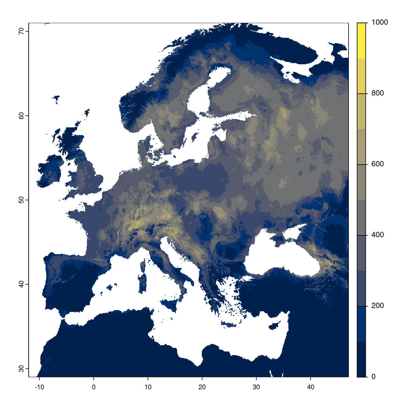 Projection des distributions potentielles futures jusqu'à l'horizon 2100 sous le scénario SSP3-7.0 (modèle d'ensemble).