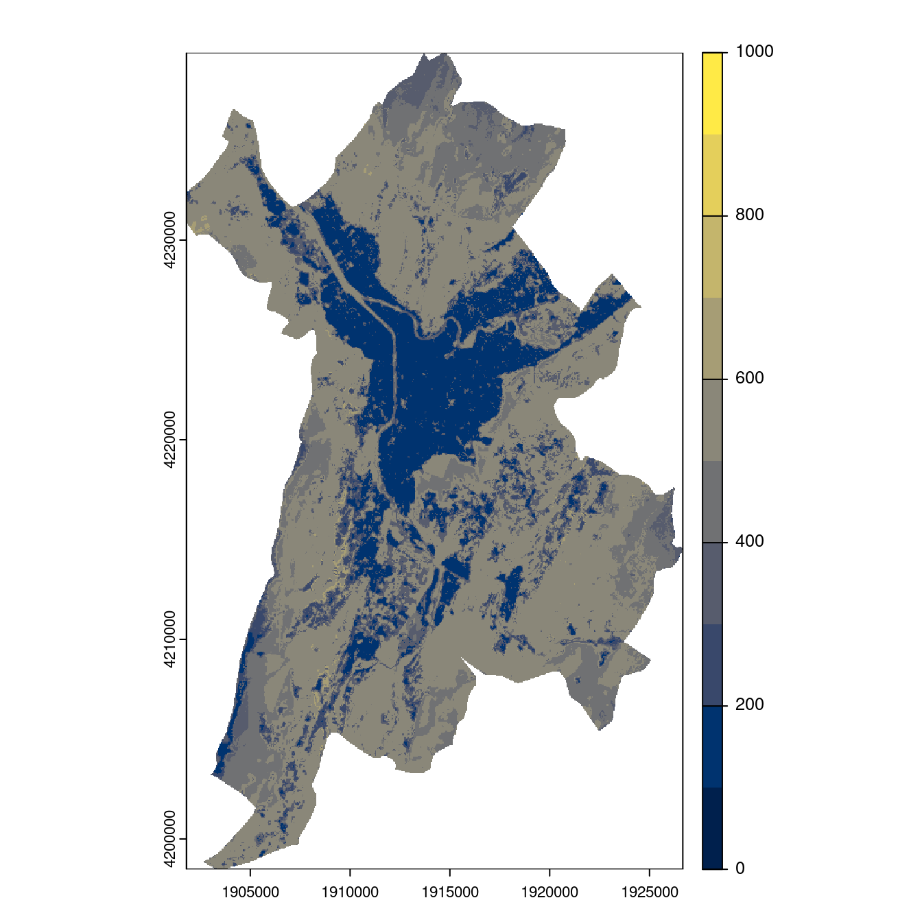 Projection des distributions potentielles contemporaine et futures jusqu'à l'horizon 2100 sous le scénario SSP5-8.5 (modèle d'ensemble, GCM IPSL).