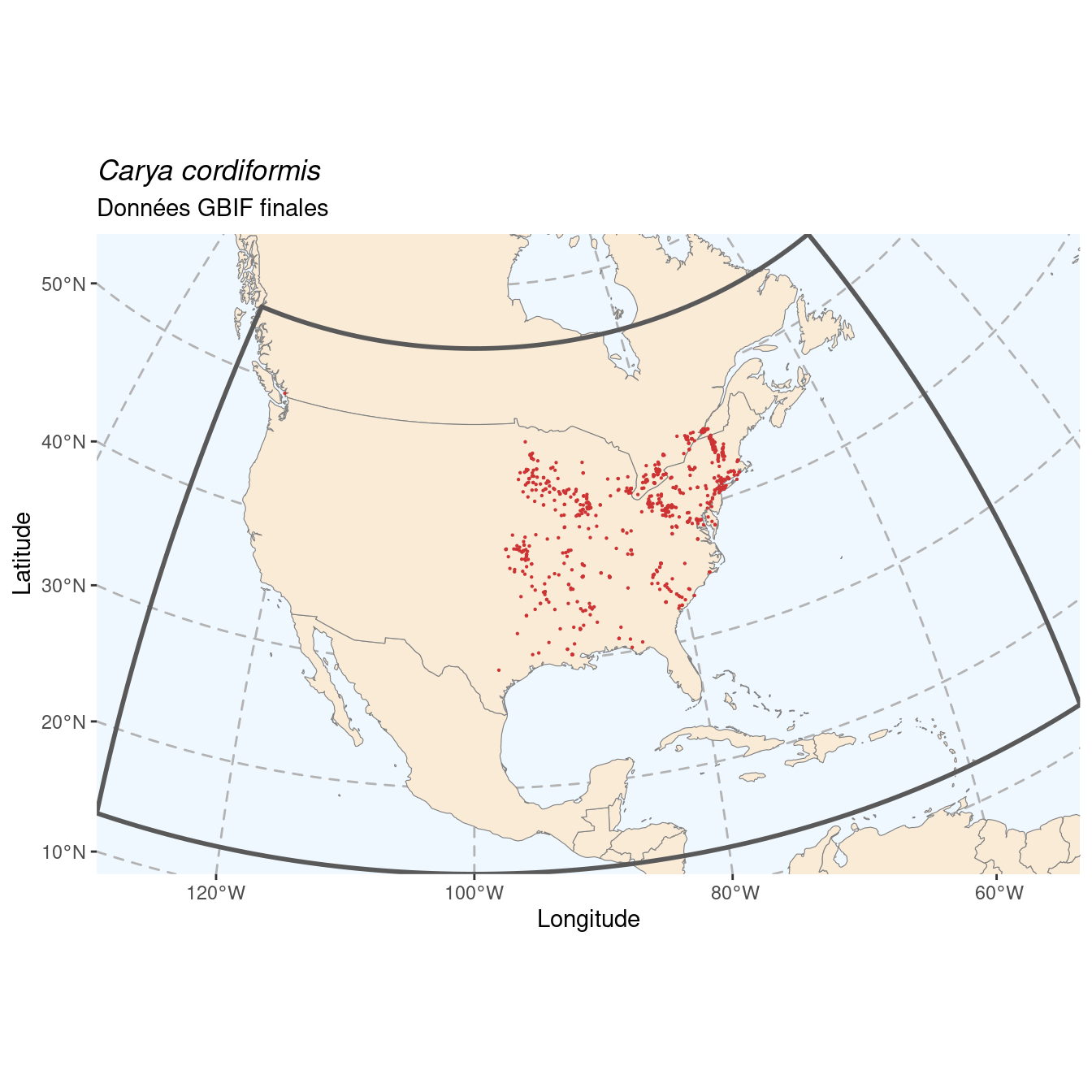 Occurrence de Carya cordiformis dans la région d'endémisme après sous-échantillonnage éventuel.