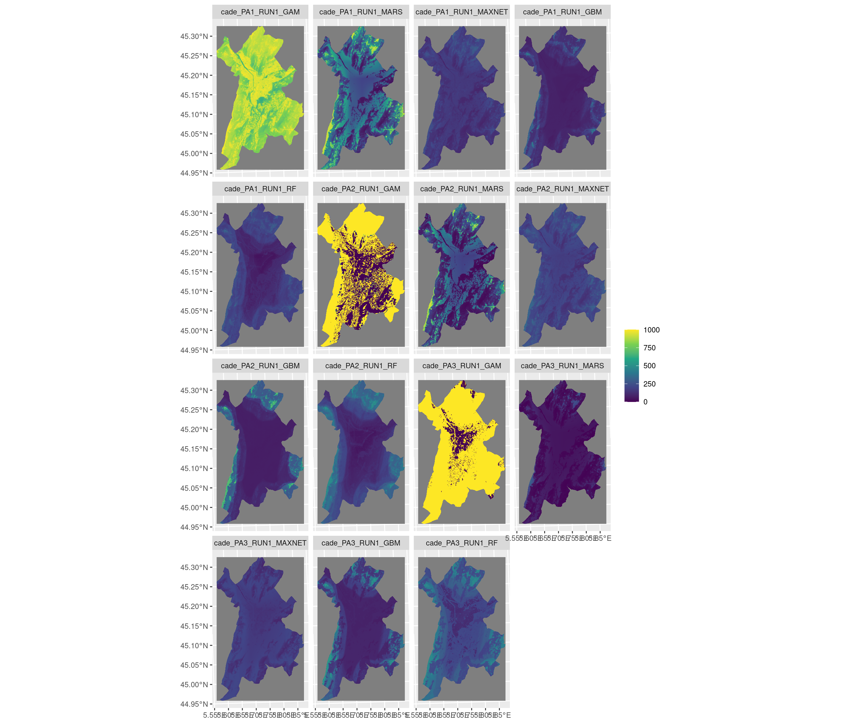 Projection de la distribution potentielle contemporaine sur la métropole de Grenoble, selon les 6 algorithmes et les 3 runs.