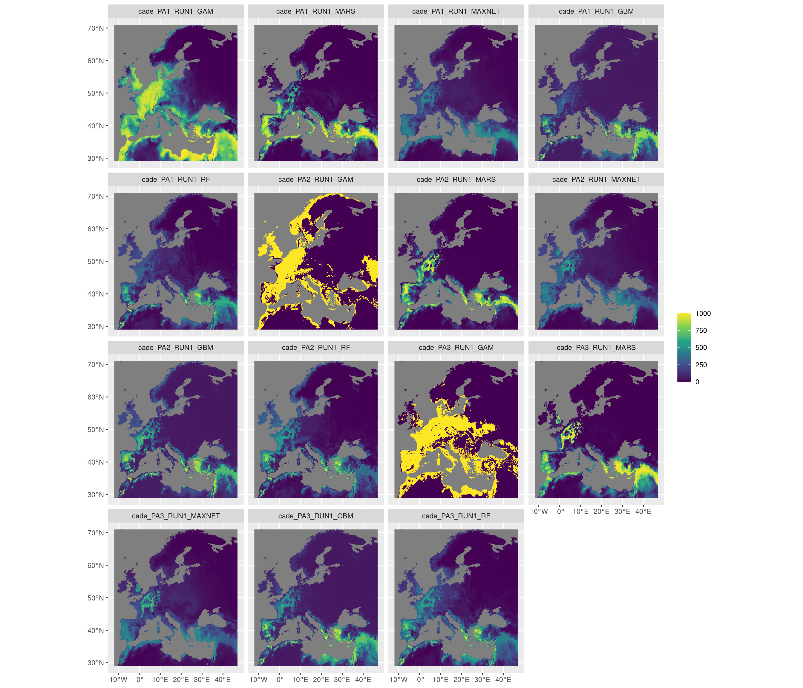 Projection de la distribution potentielle contemporaine sur l'Europe, selon les 6 algorithmes et les 3 runs.