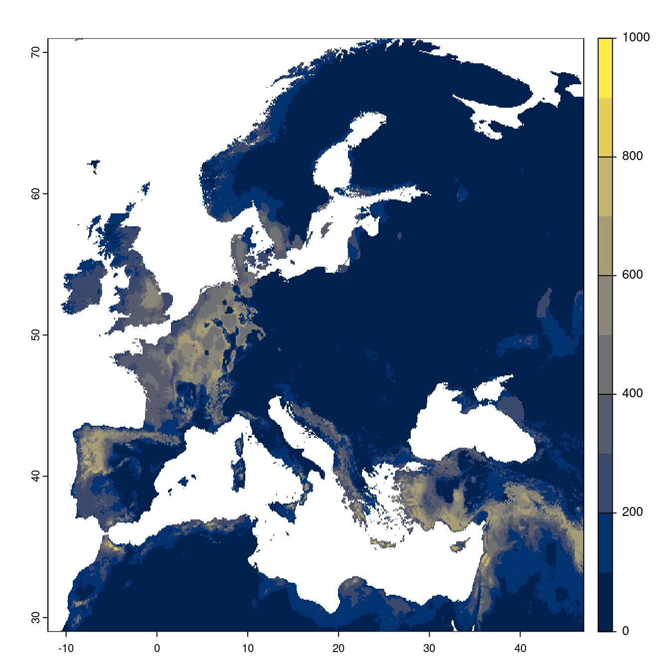 Projection des distributions potentielles futures jusqu'à l'horizon 2100 sous le scénario SSP2-4.5 (modèle d'ensemble).