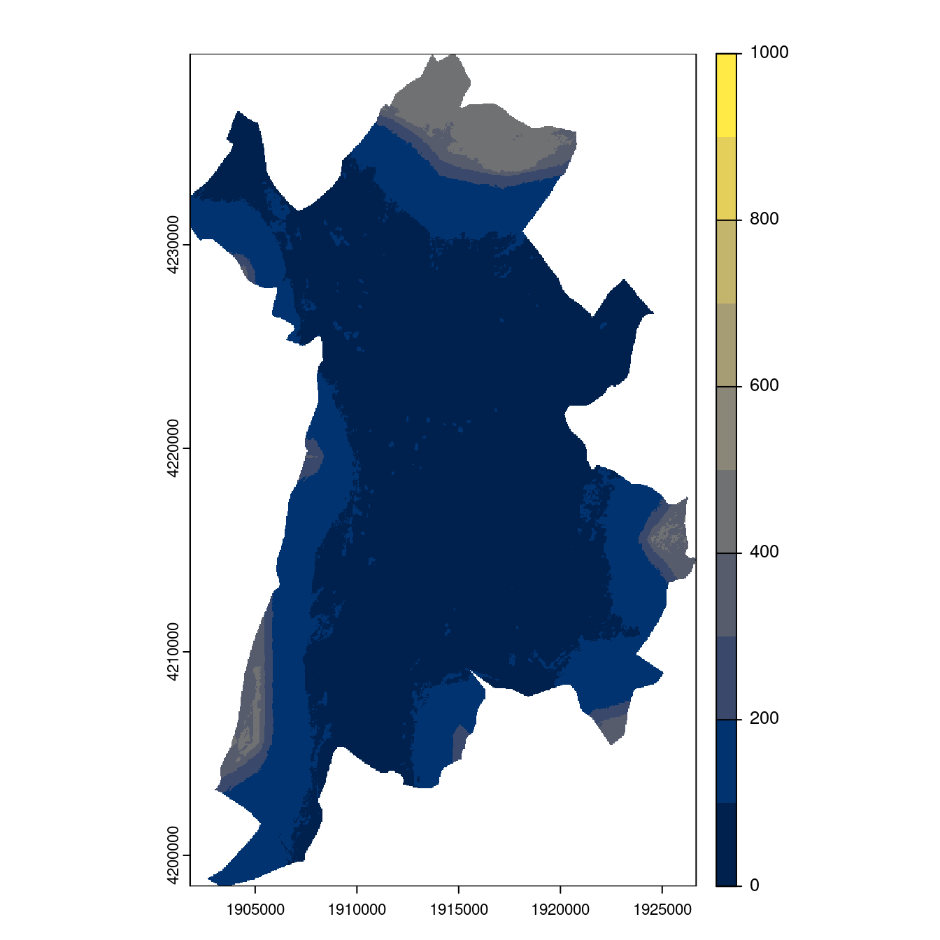 Projection des distributions potentielles contemporaine et futures jusqu'à l'horizon 2100 sous le scénario SSP5-8.5 (modèle d'ensemble, GCM IPSL).