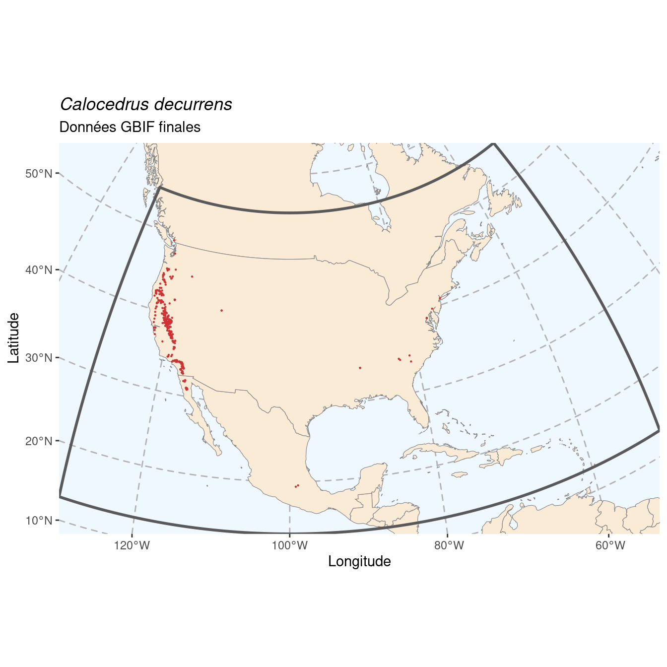 Occurrence de Calocedrus decurrens dans la région d'endémisme après sous-échantillonnage éventuel.