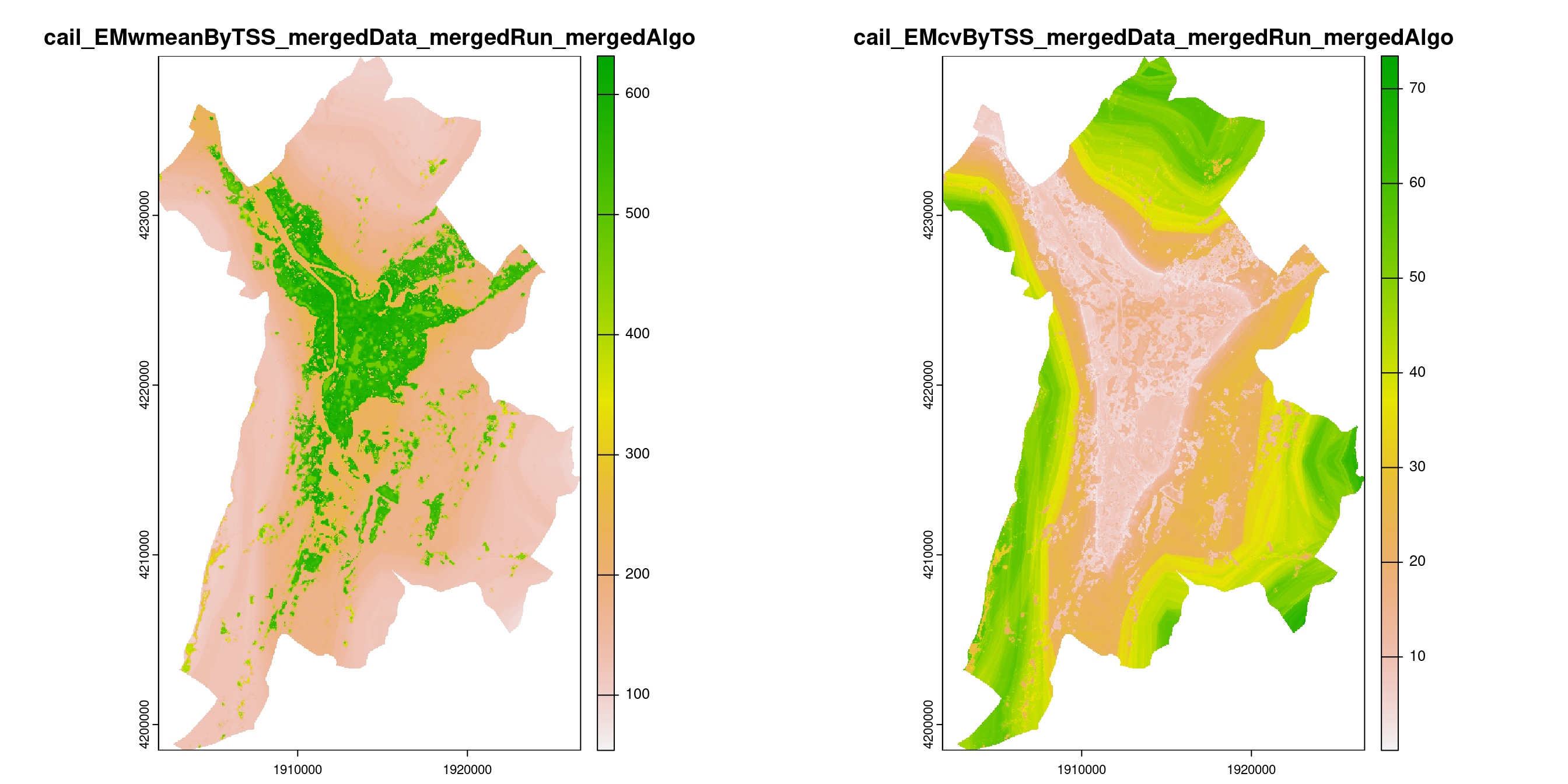 A) Projection de la distribution potentielle contemporaine (modèle d'ensemble) sur la métropole de Grenoble ; B) Incertitude associée à la projection.
