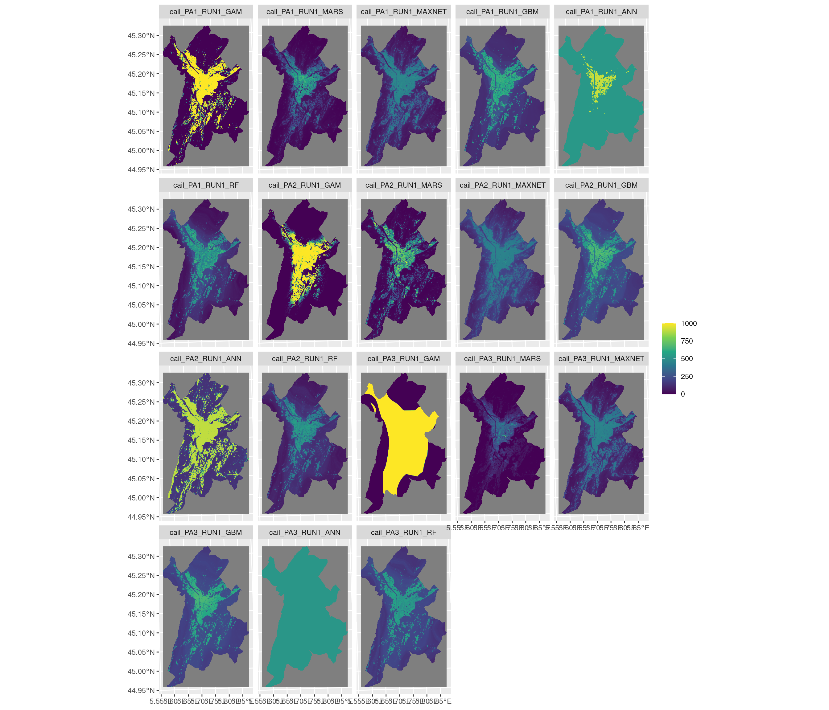 Projection de la distribution potentielle contemporaine sur la métropole de Grenoble, selon les 6 algorithmes et les 3 runs.