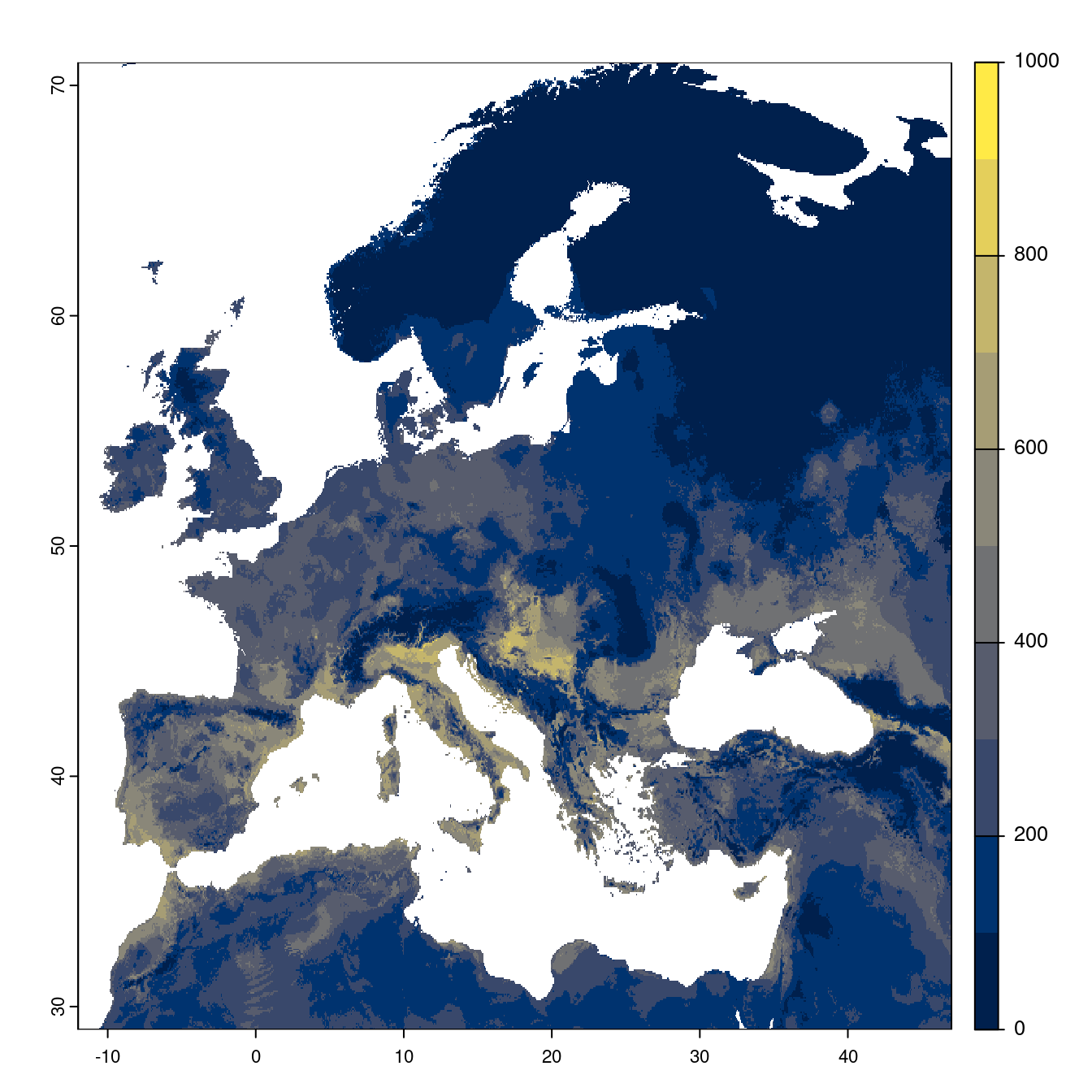 Projection des distributions potentielles futures jusqu'à l'horizon 2100 sous le scénario SSP1-2.6 (modèle d'ensemble).