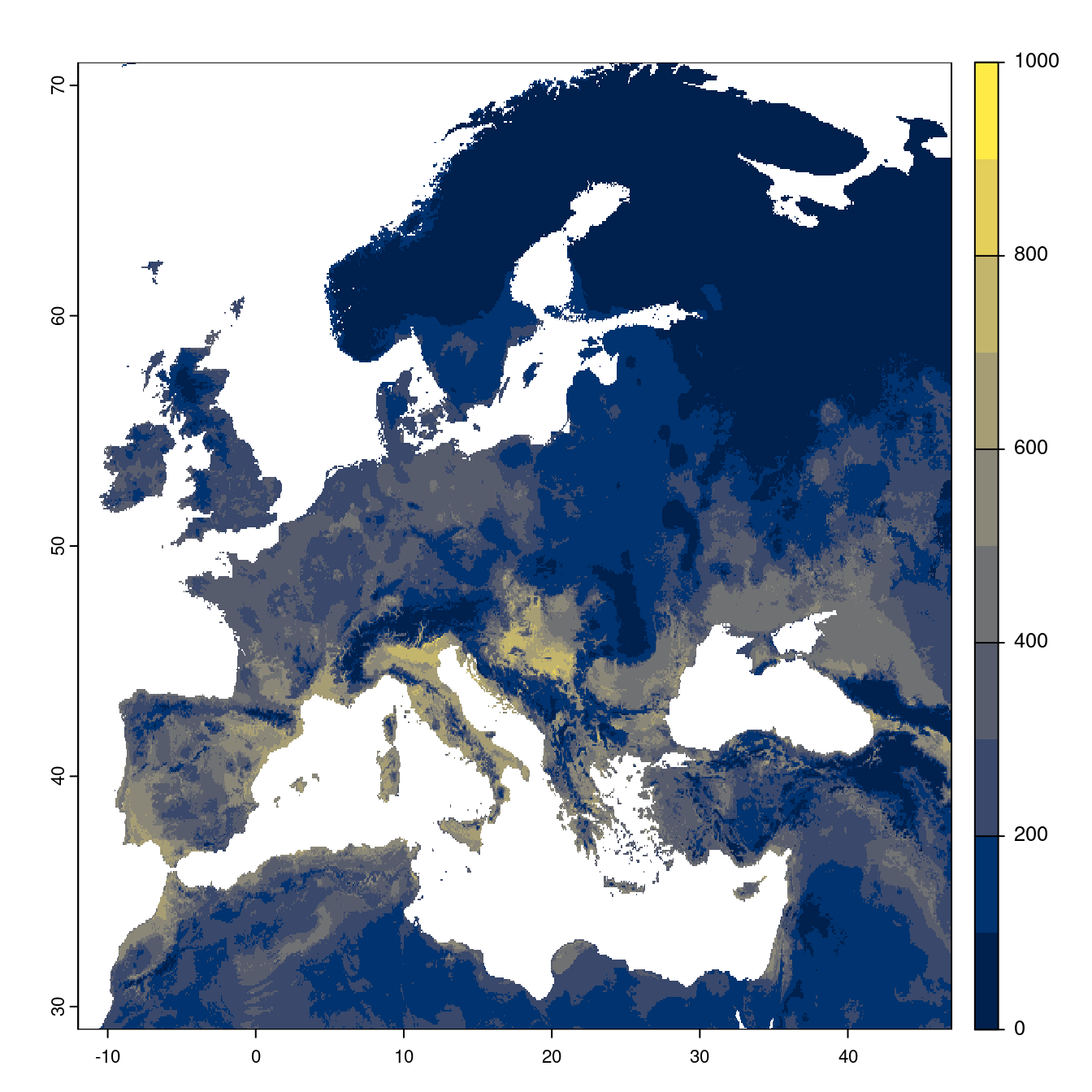 Projection des distributions potentielles futures jusqu'à l'horizon 2100 sous le scénario SSP1-2.6 (modèle d'ensemble).