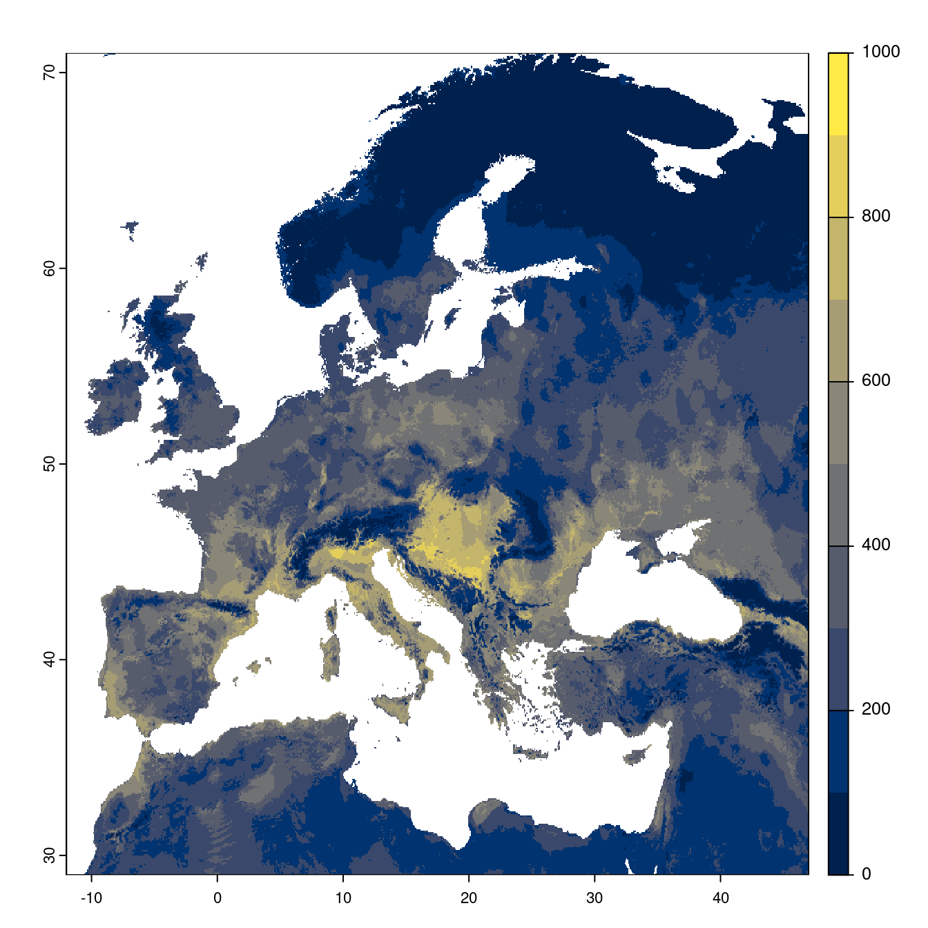 Projection des distributions potentielles futures jusqu'à l'horizon 2100 sous le scénario SSP2-4.5 (modèle d'ensemble).