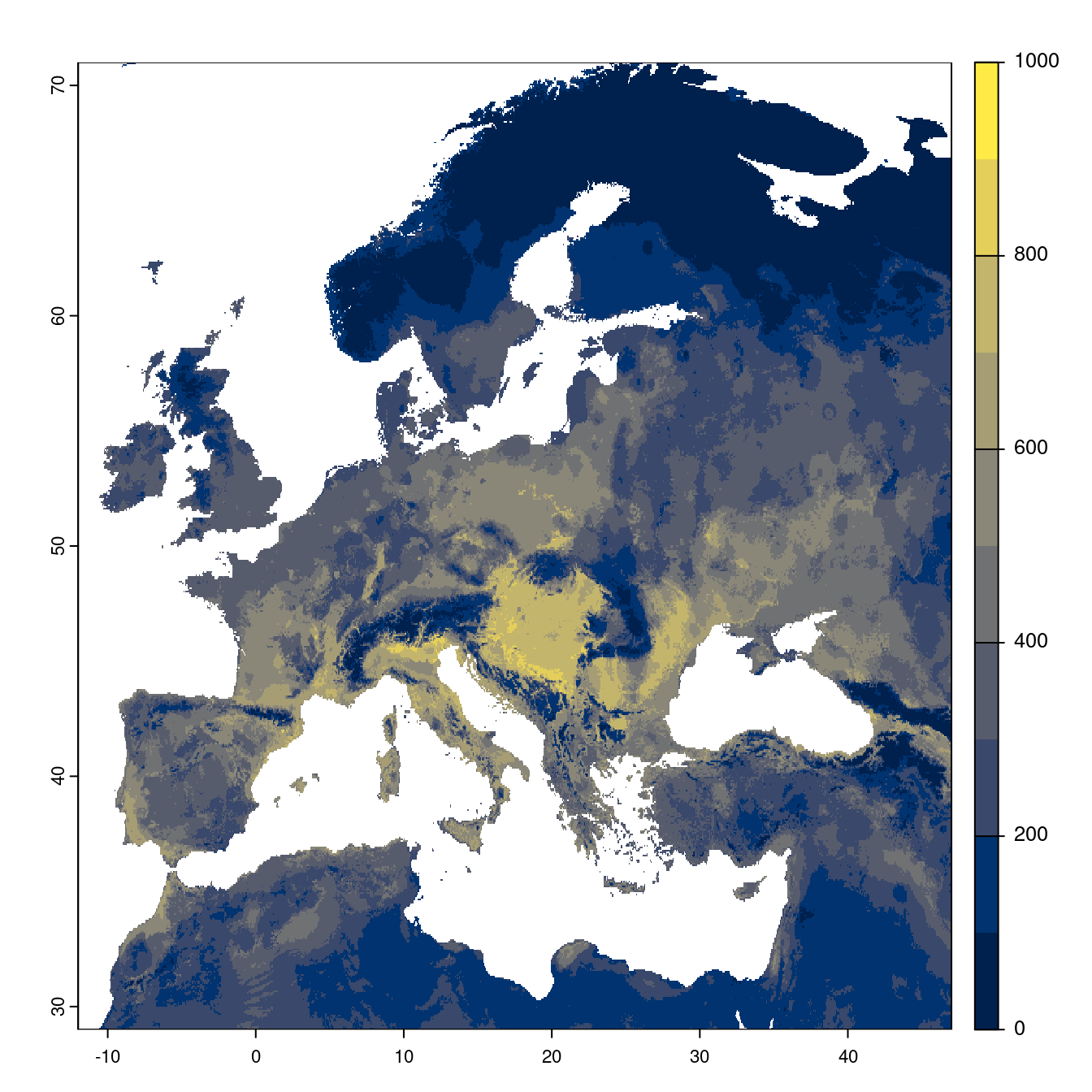 Projection des distributions potentielles futures jusqu'à l'horizon 2100 sous le scénario SSP2-4.5 (modèle d'ensemble).