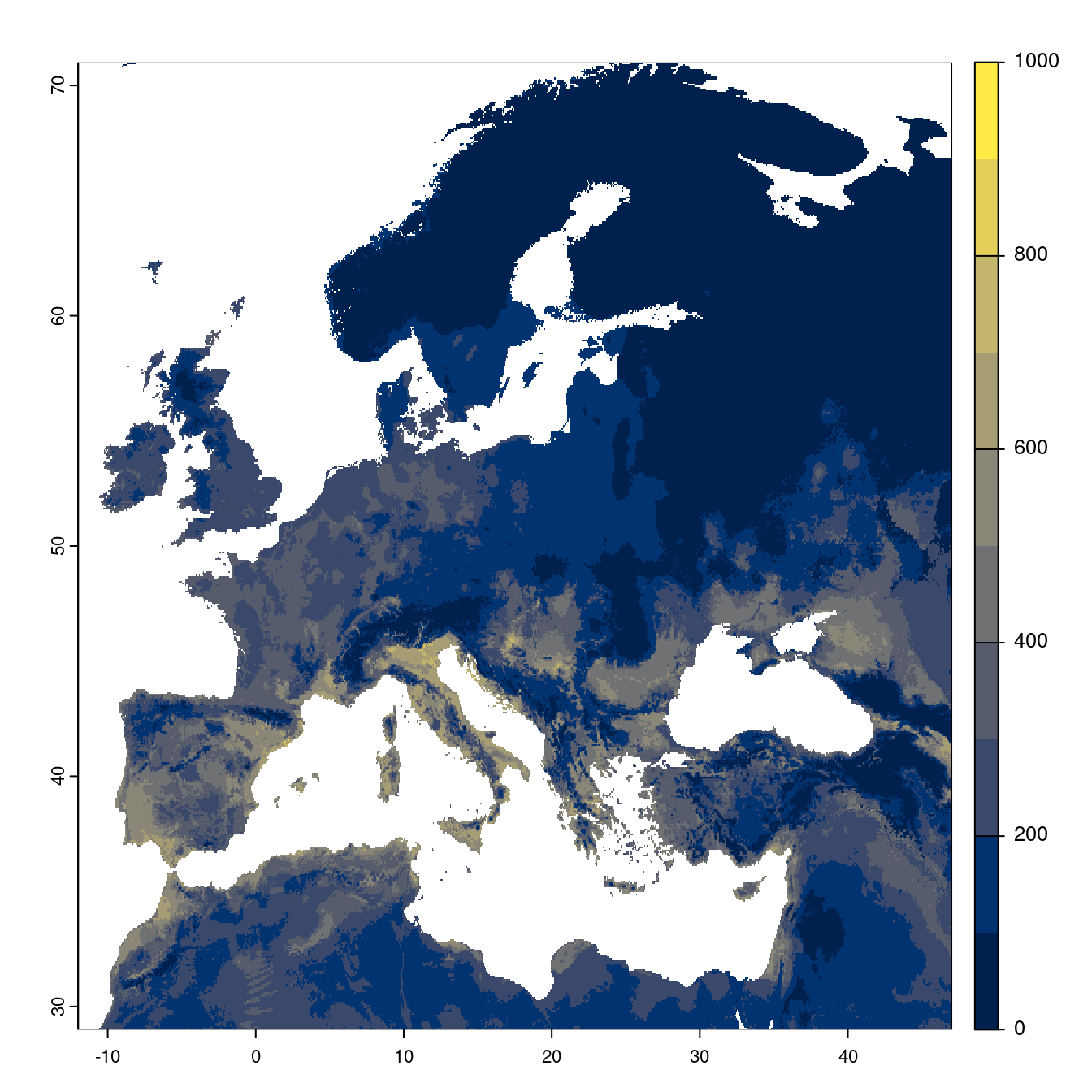 Projection des distributions potentielles futures jusqu'à l'horizon 2100 sous le scénario SSP3-7.0 (modèle d'ensemble).