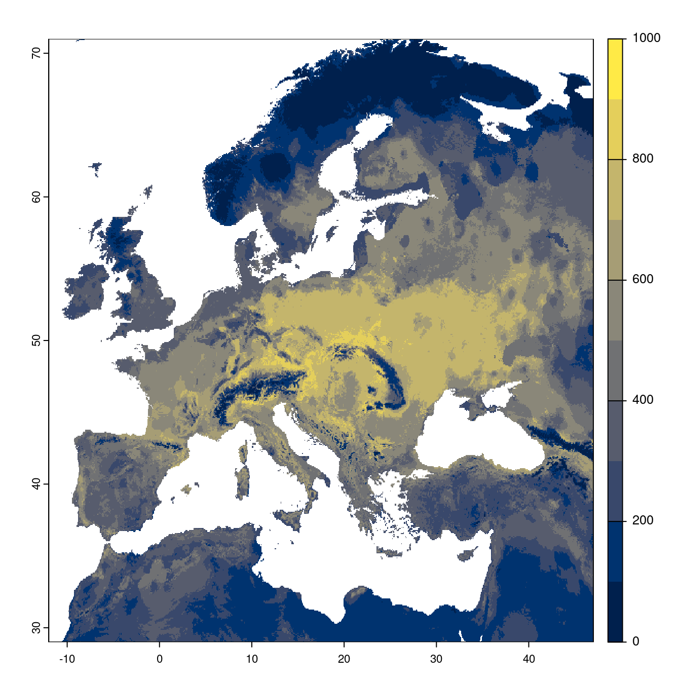 Projection des distributions potentielles futures jusqu'à l'horizon 2100 sous le scénario SSP3-7.0 (modèle d'ensemble).