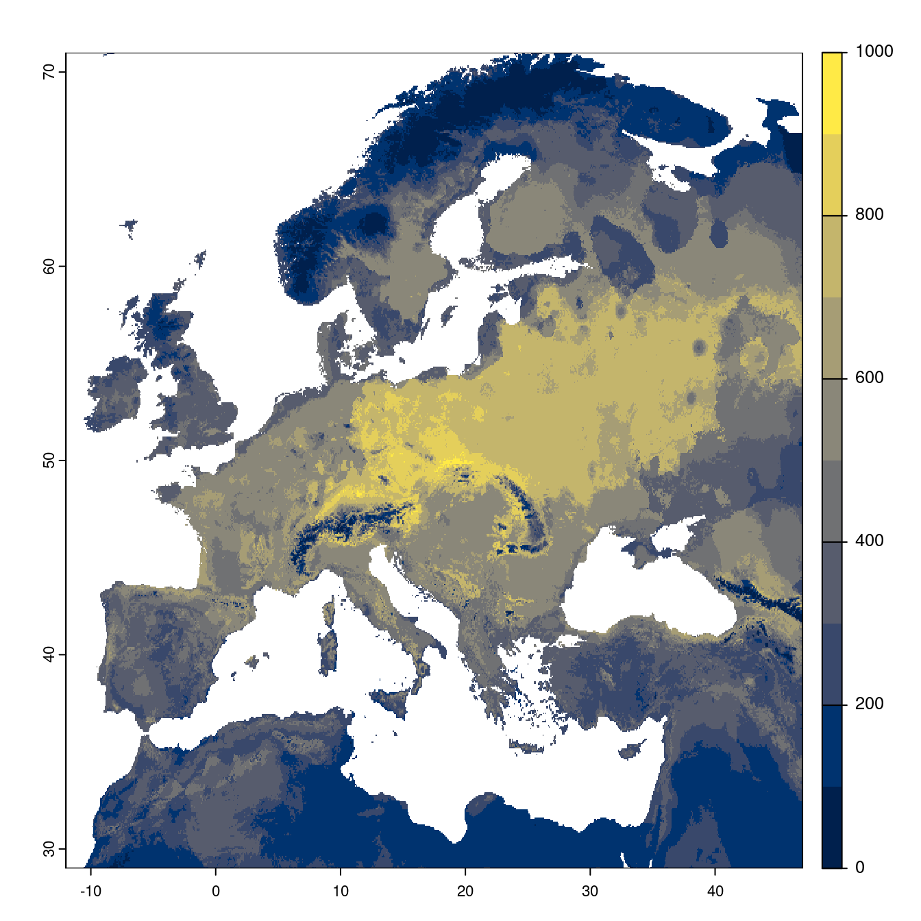 Projection des distributions potentielles futures jusqu'à l'horizon 2100 sous le scénario SSP5-8.5 (modèle d'ensemble).