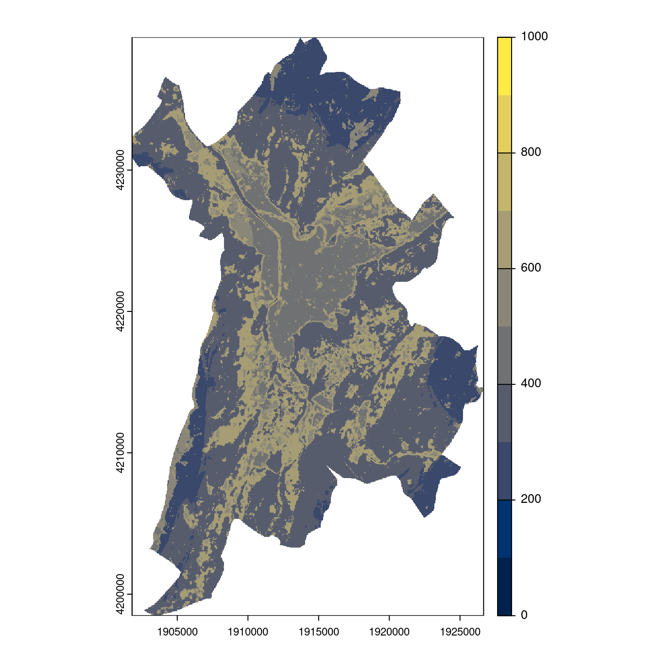 Projection des distributions potentielles contemporaine et futures jusqu'à l'horizon 2100 sous le scénario SSP5-8.5 (modèle d'ensemble, GCM IPSL).
