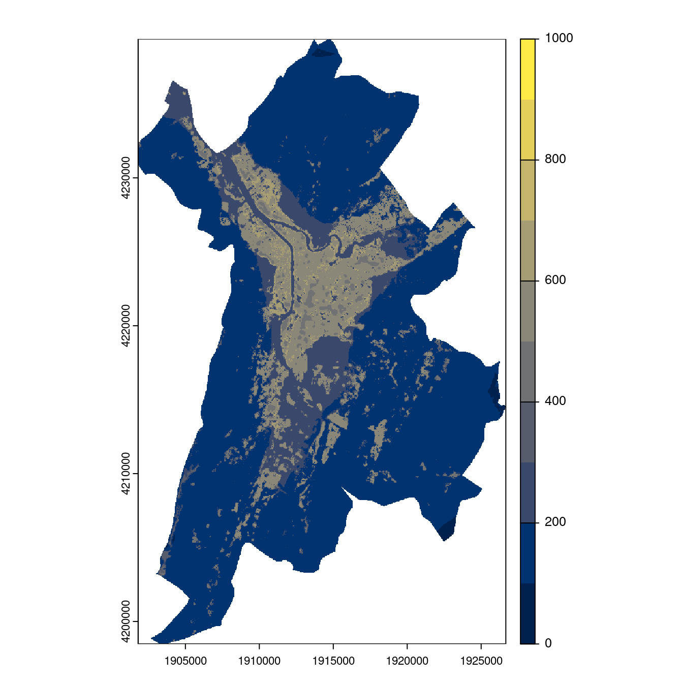 Projection des distributions potentielles contemporaine et futures jusqu'à l'horizon 2100 sous le scénario SSP5-8.5 (modèle d'ensemble, GCM IPSL).