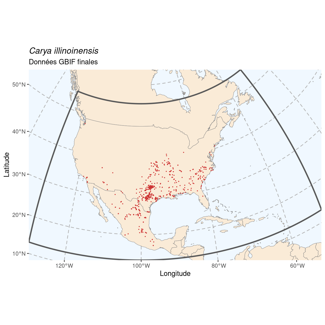 Occurrence de Carya illinoinensis dans la région d'endémisme après sous-échantillonnage éventuel.