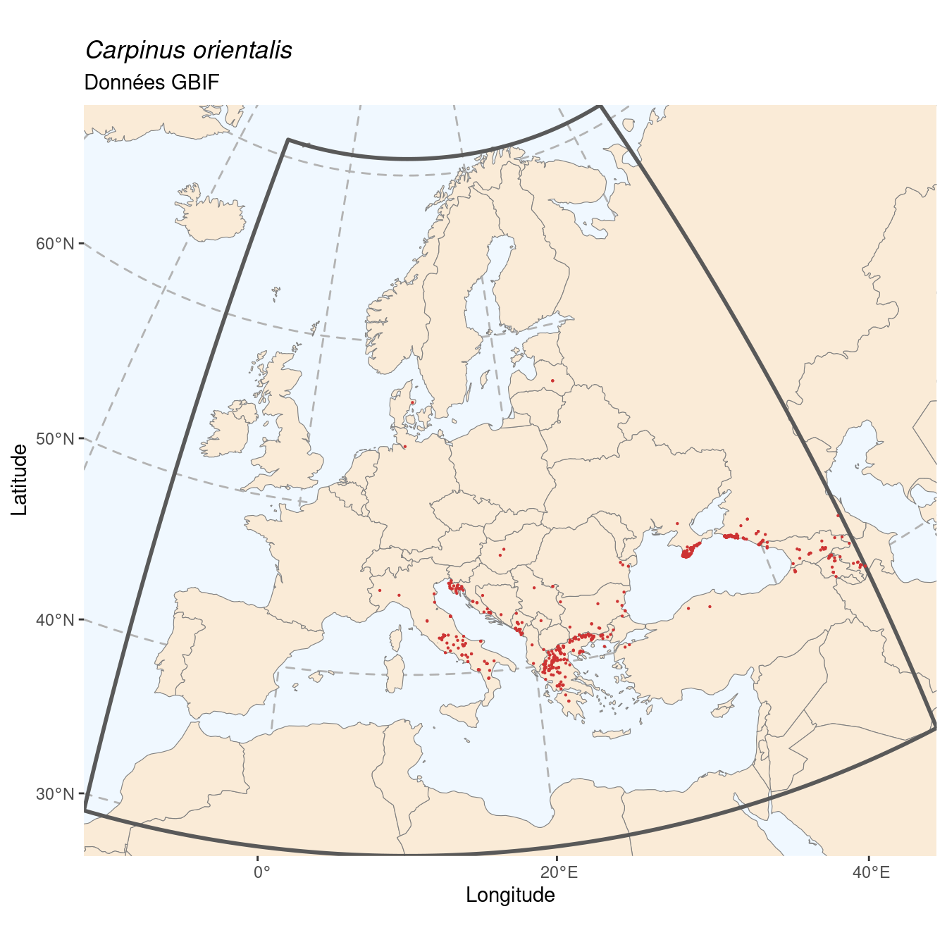 Occurrence de Carpinus orientalis dans la région d'endémisme.