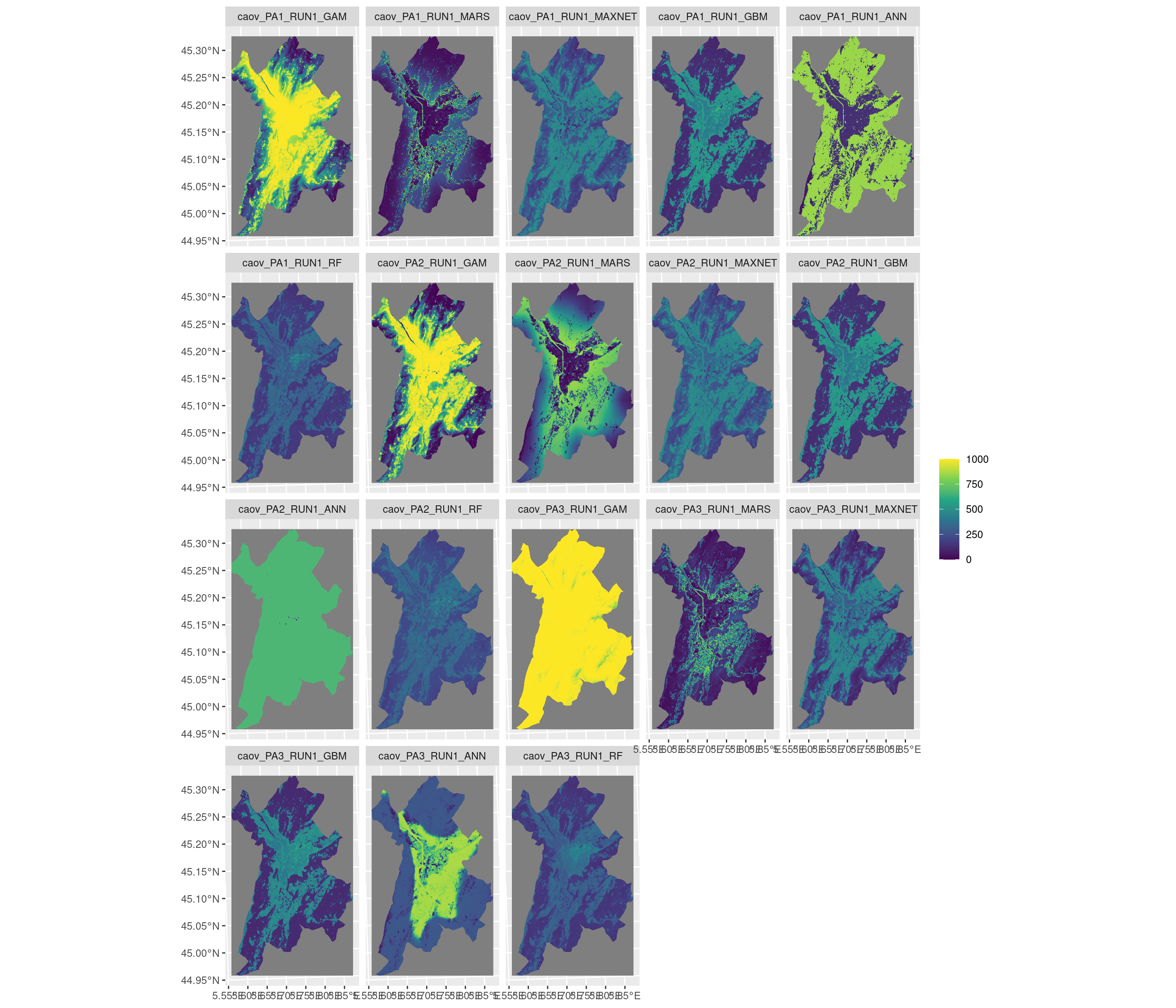 Projection de la distribution potentielle contemporaine sur la métropole de Grenoble, selon les 6 algorithmes et les 3 runs.
