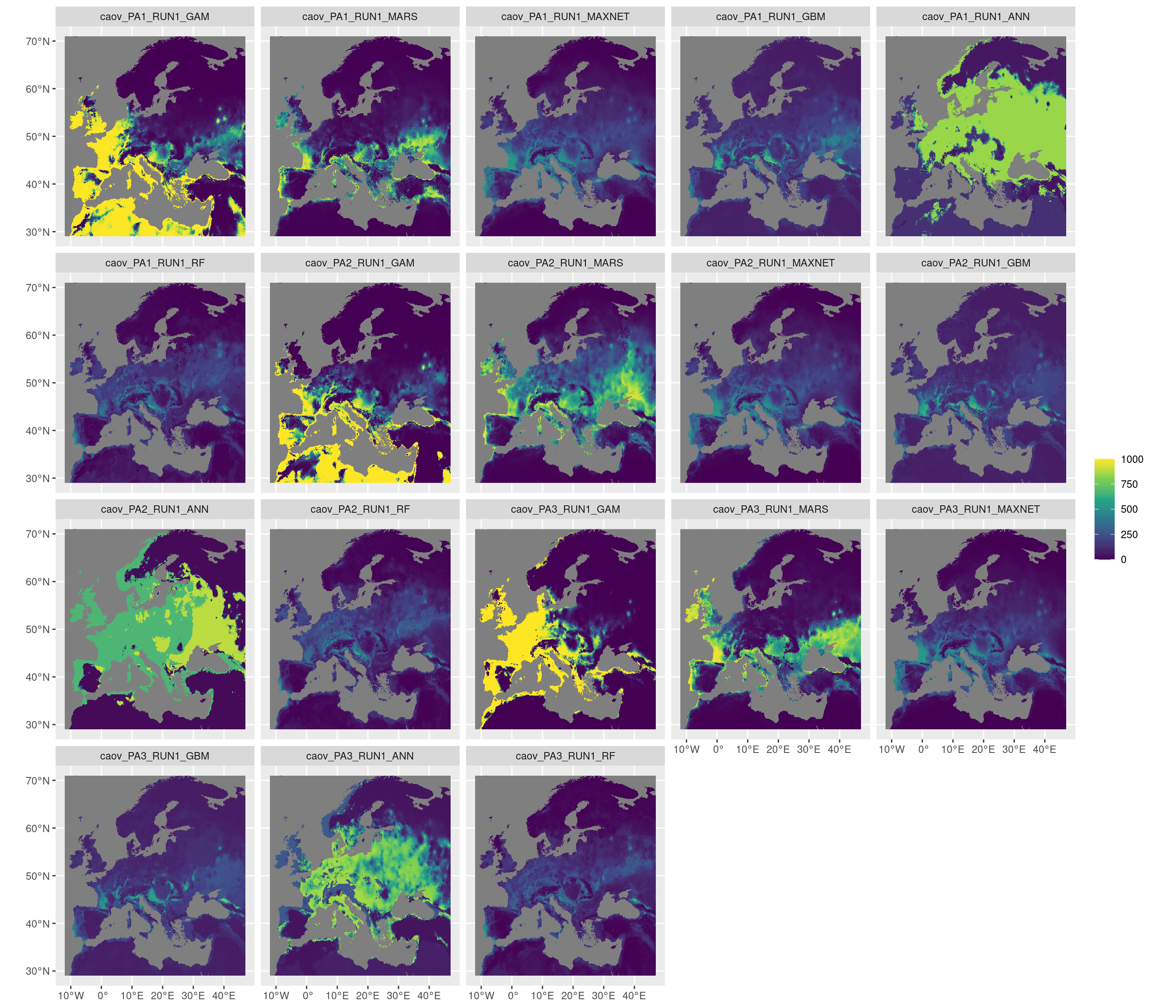 Projection de la distribution potentielle contemporaine sur l'Europe, selon les 6 algorithmes et les 3 runs.