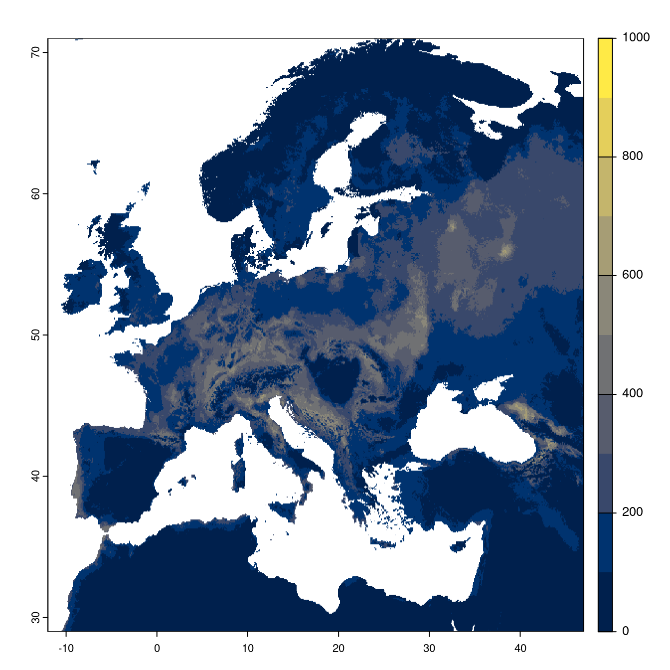 Projection des distributions potentielles futures jusqu'à l'horizon 2100 sous le scénario SSP1-2.6 (modèle d'ensemble).