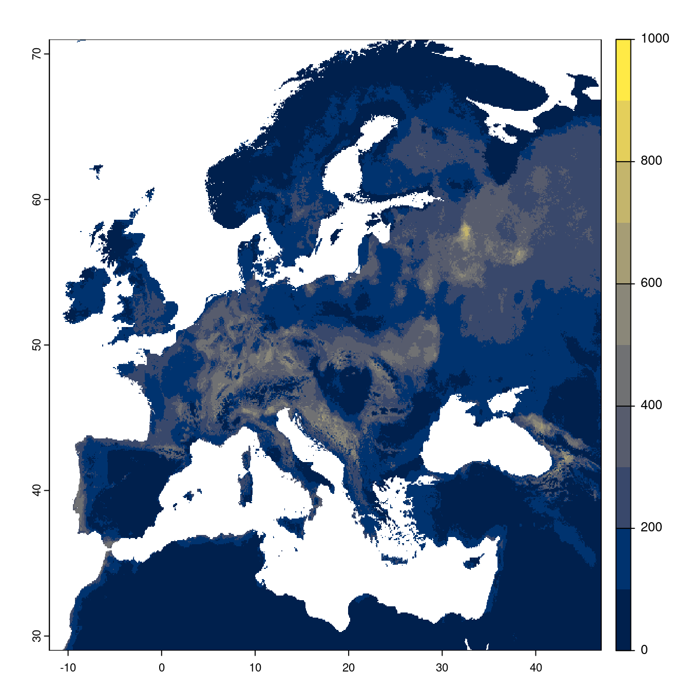 Projection des distributions potentielles futures jusqu'à l'horizon 2100 sous le scénario SSP1-2.6 (modèle d'ensemble).