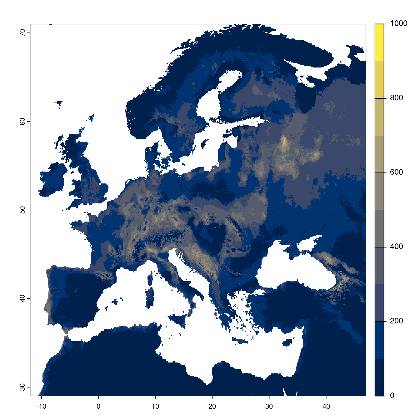 Projection des distributions potentielles futures jusqu'à l'horizon 2100 sous le scénario SSP2-4.5 (modèle d'ensemble).