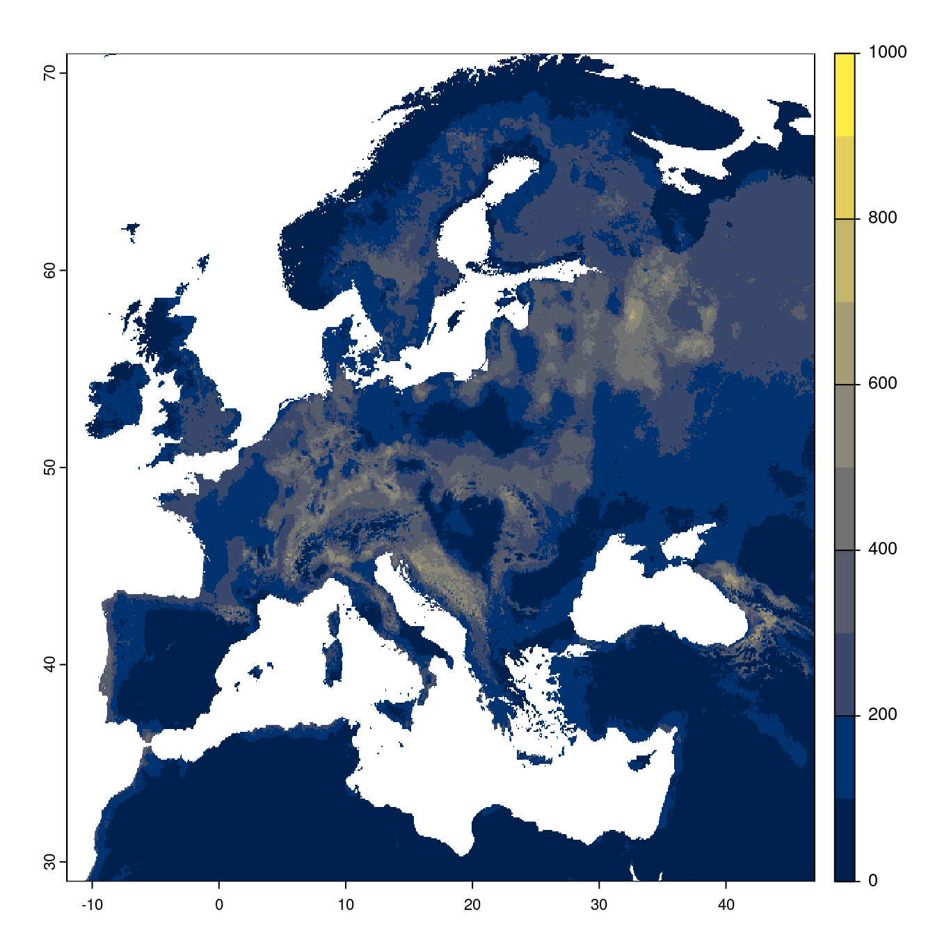 Projection des distributions potentielles futures jusqu'à l'horizon 2100 sous le scénario SSP2-4.5 (modèle d'ensemble).