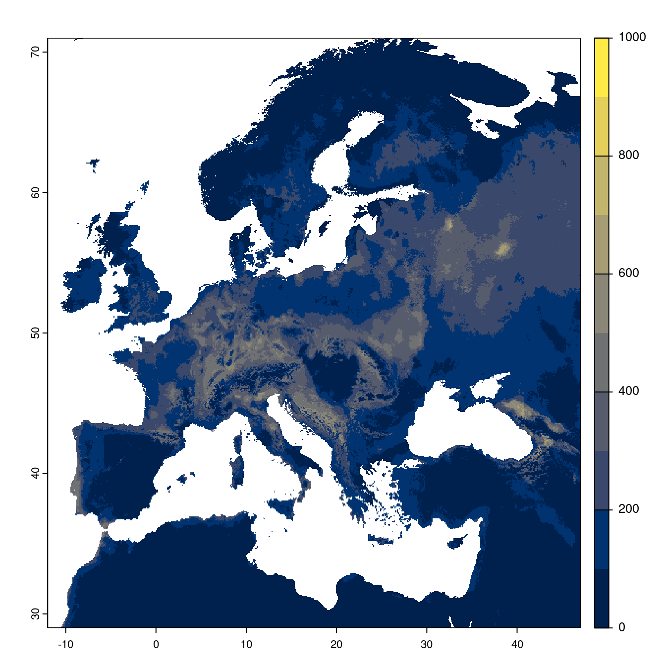 Projection des distributions potentielles futures jusqu'à l'horizon 2100 sous le scénario SSP5-8.5 (modèle d'ensemble).
