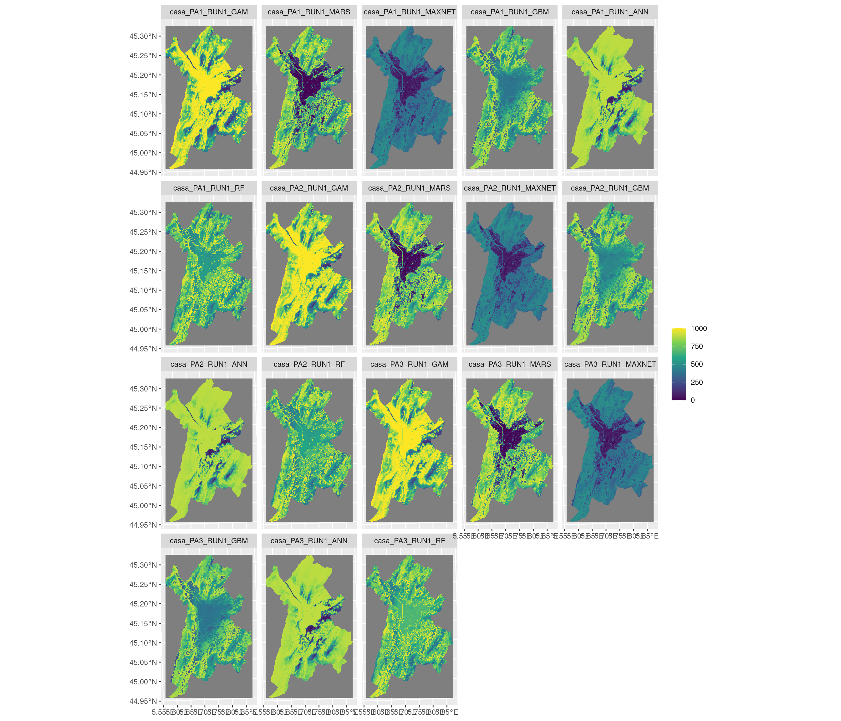 Projection de la distribution potentielle contemporaine sur la métropole de Grenoble, selon les 6 algorithmes et les 3 runs.