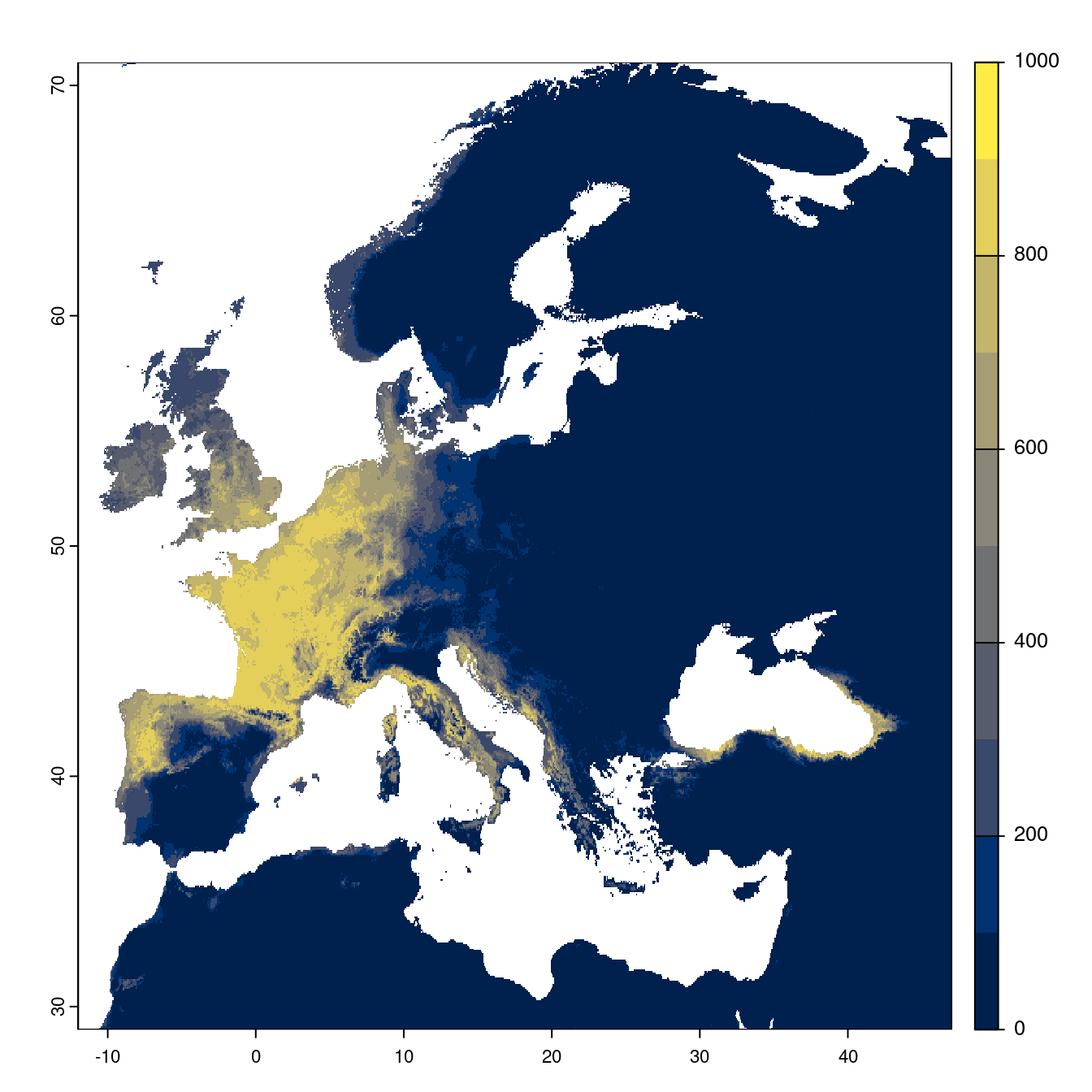 Projection des distributions potentielles futures jusqu'à l'horizon 2100 sous le scénario SSP1-2.6 (modèle d'ensemble).