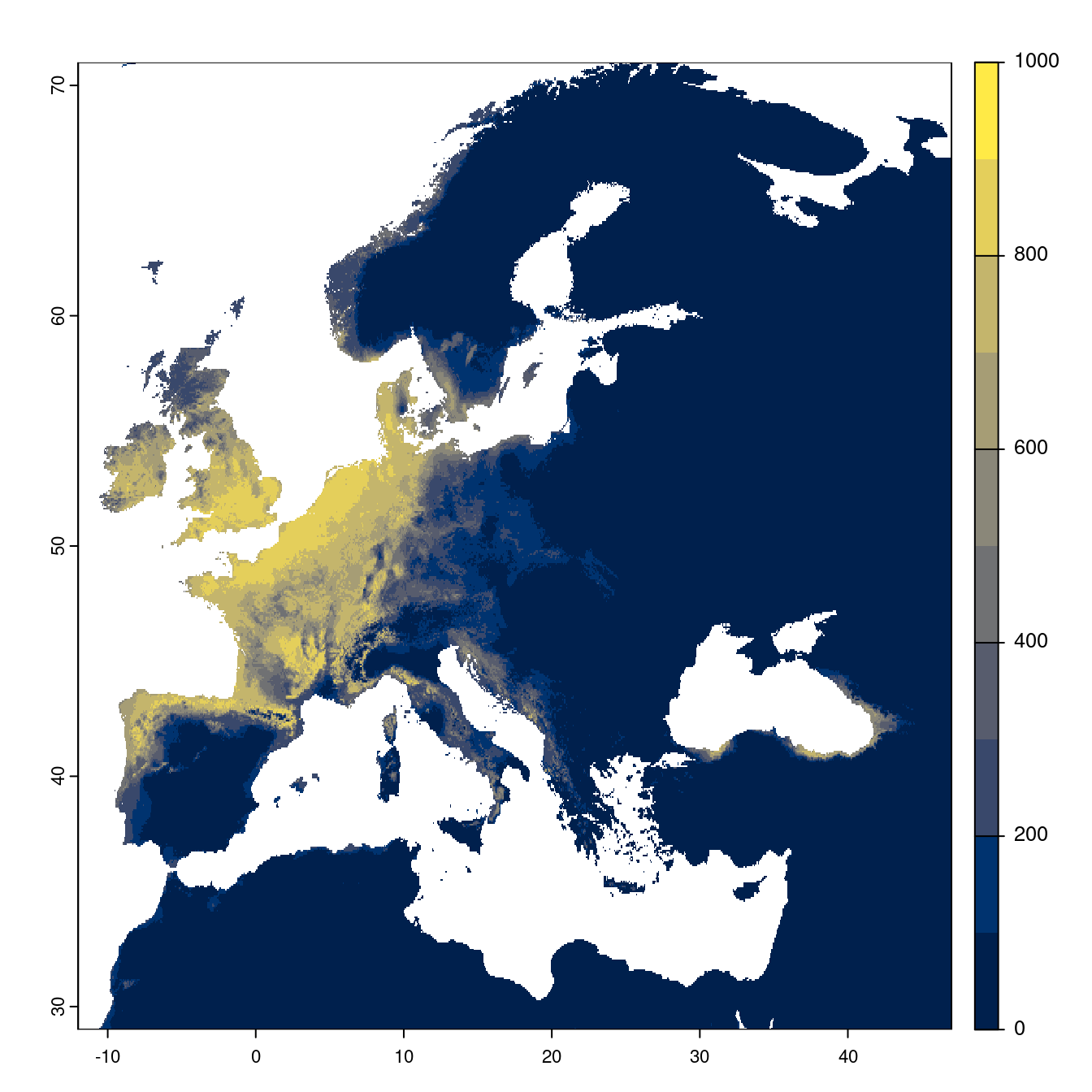 Projection des distributions potentielles futures jusqu'à l'horizon 2100 sous le scénario SSP3-7.0 (modèle d'ensemble).