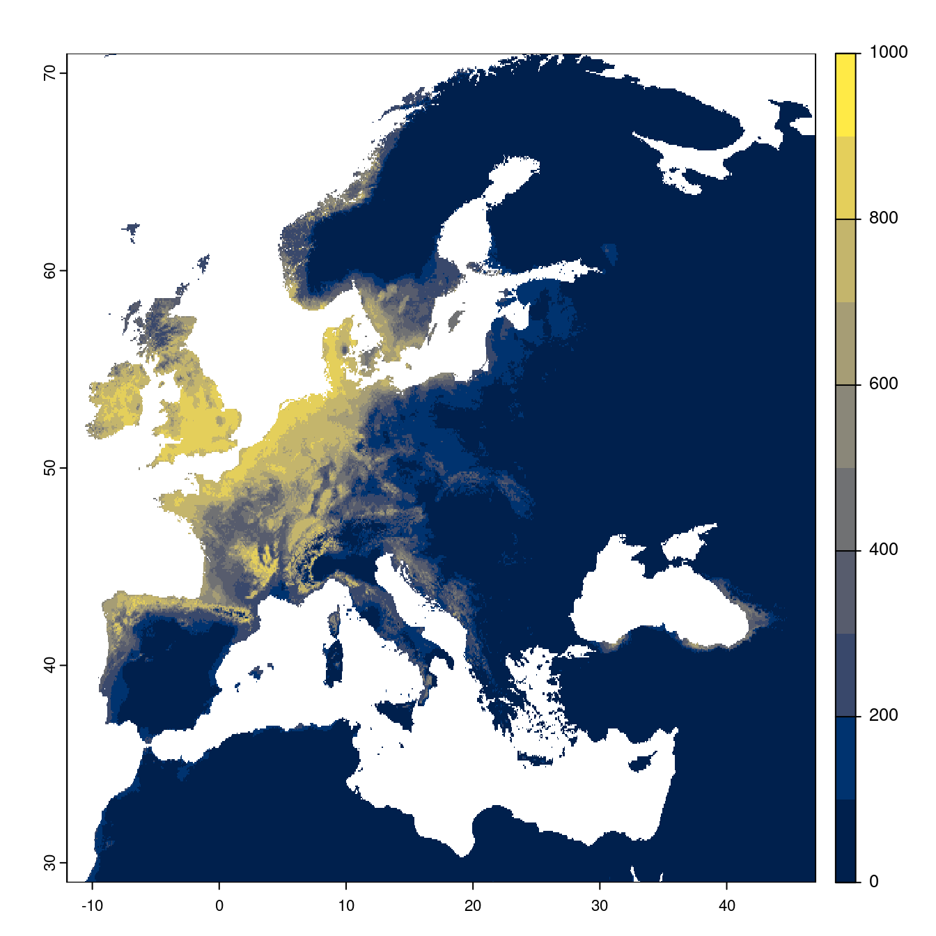 Projection des distributions potentielles futures jusqu'à l'horizon 2100 sous le scénario SSP3-7.0 (modèle d'ensemble).