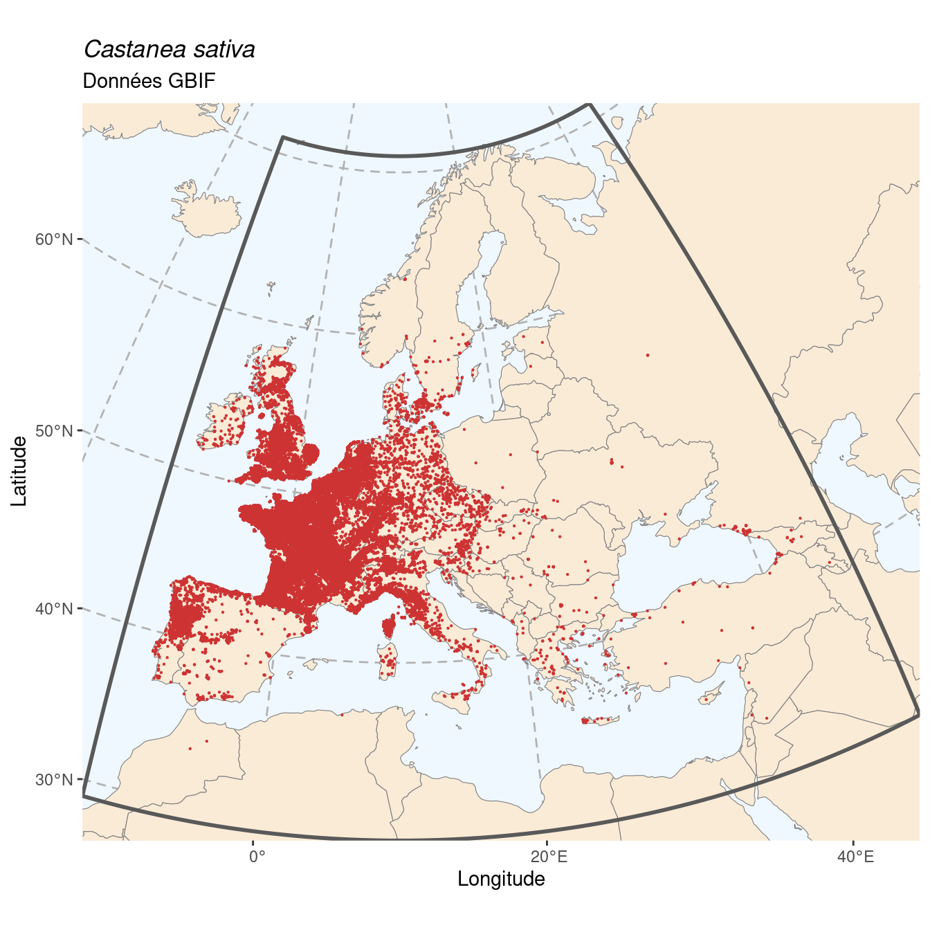 Occurrence de Castanea sativa dans la région d'endémisme.