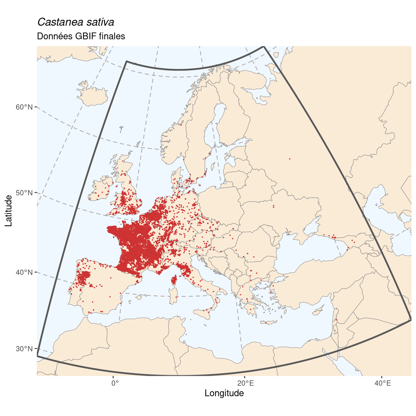 Occurrence de Castanea sativa dans la région d'endémisme après sous-échantillonnage éventuel.