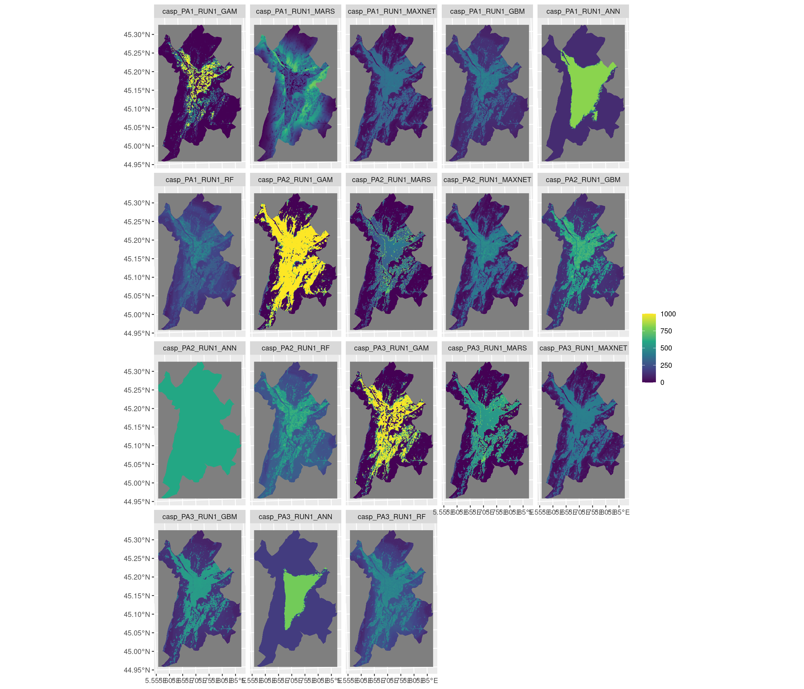 Projection de la distribution potentielle contemporaine sur la métropole de Grenoble, selon les 6 algorithmes et les 3 runs.