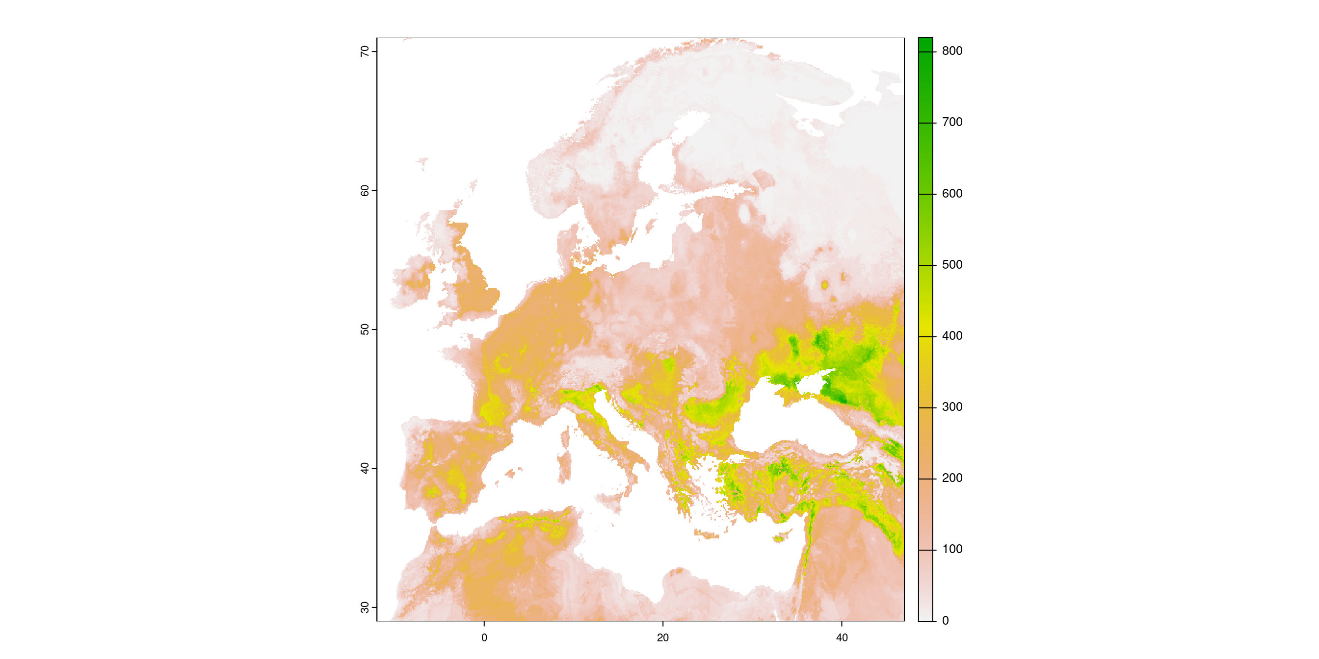 A) Projection de la distribution potentielle contemporaine (modèle d'ensemble) ; B) Incertitude associée à la projection.