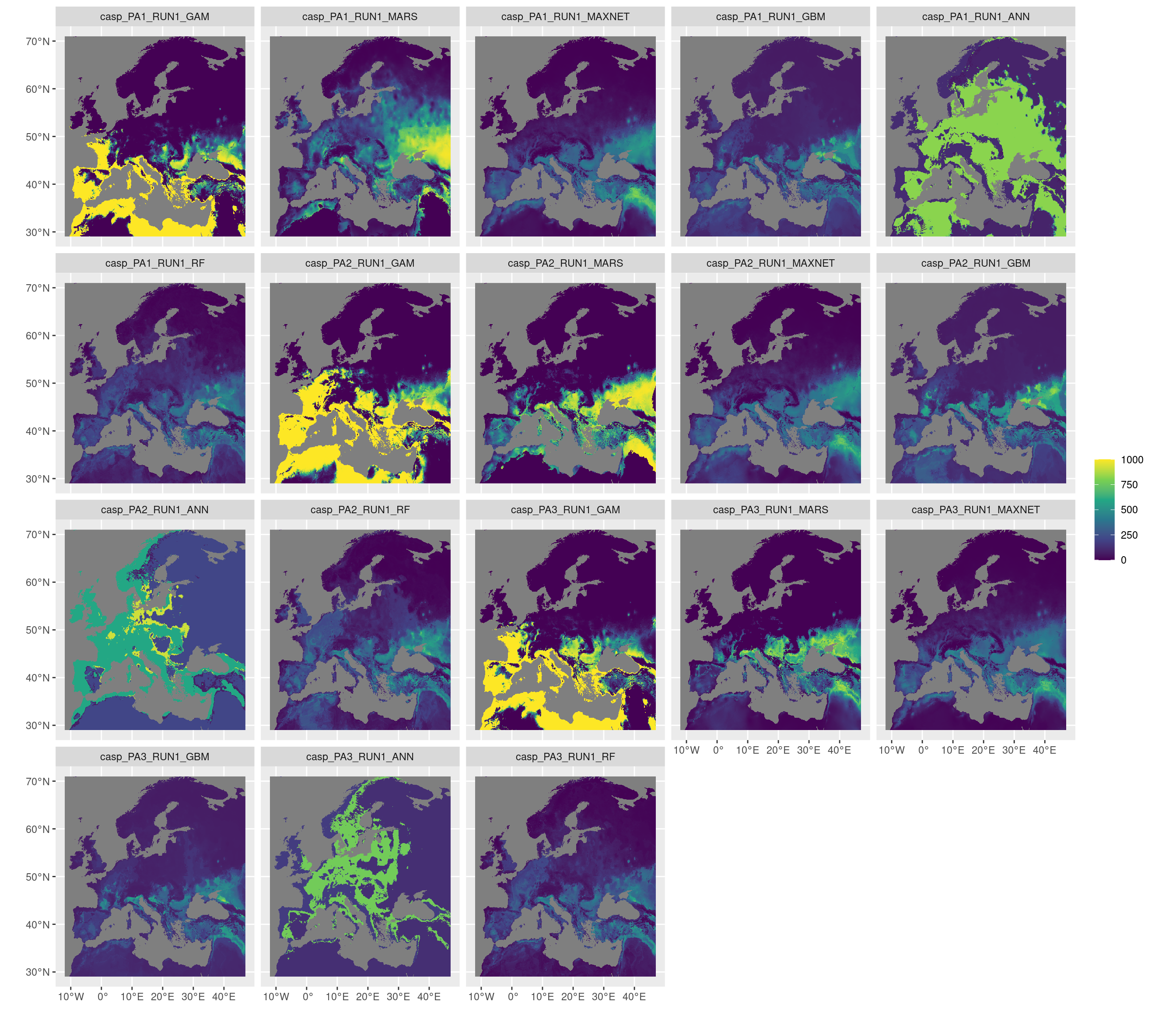 Projection de la distribution potentielle contemporaine sur l'Europe, selon les 6 algorithmes et les 3 runs.