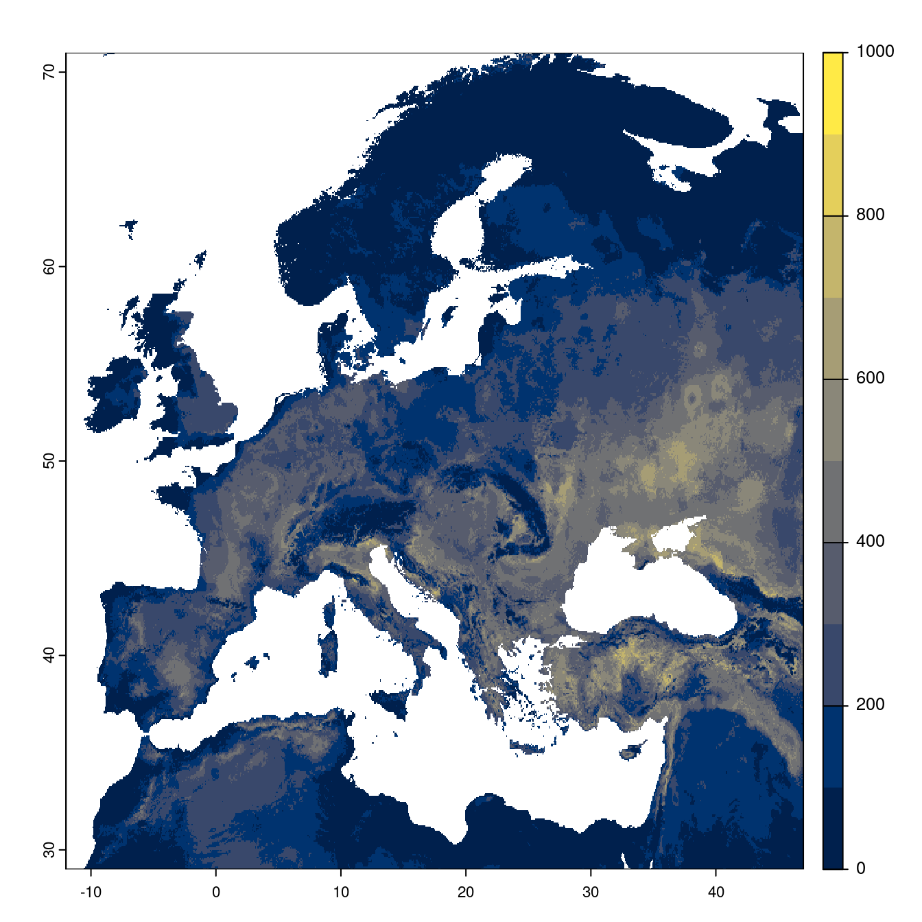 Projection des distributions potentielles futures jusqu'à l'horizon 2100 sous le scénario SSP1-2.6 (modèle d'ensemble).