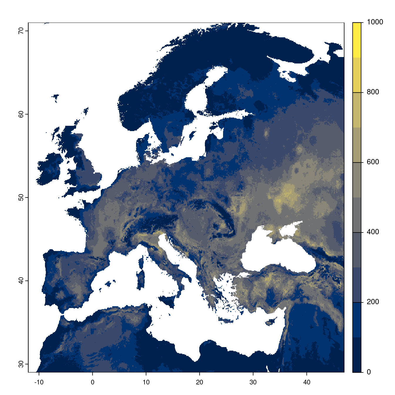 Projection des distributions potentielles futures jusqu'à l'horizon 2100 sous le scénario SSP1-2.6 (modèle d'ensemble).