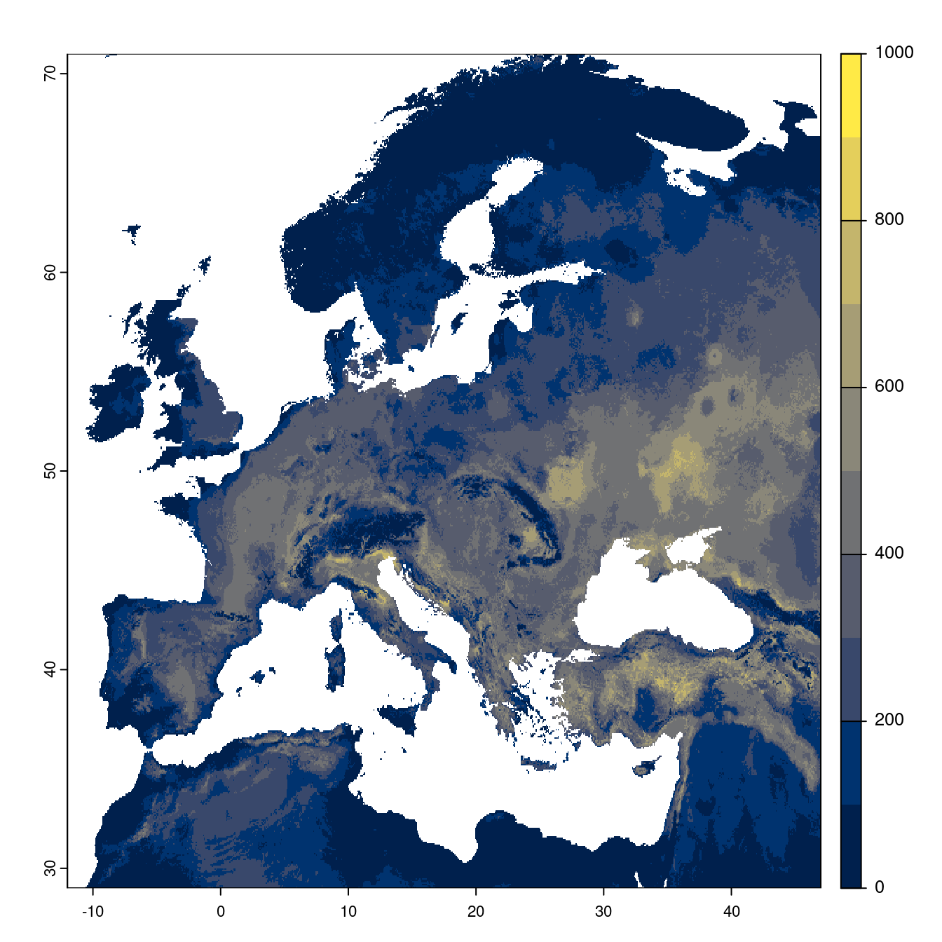 Projection des distributions potentielles futures jusqu'à l'horizon 2100 sous le scénario SSP2-4.5 (modèle d'ensemble).