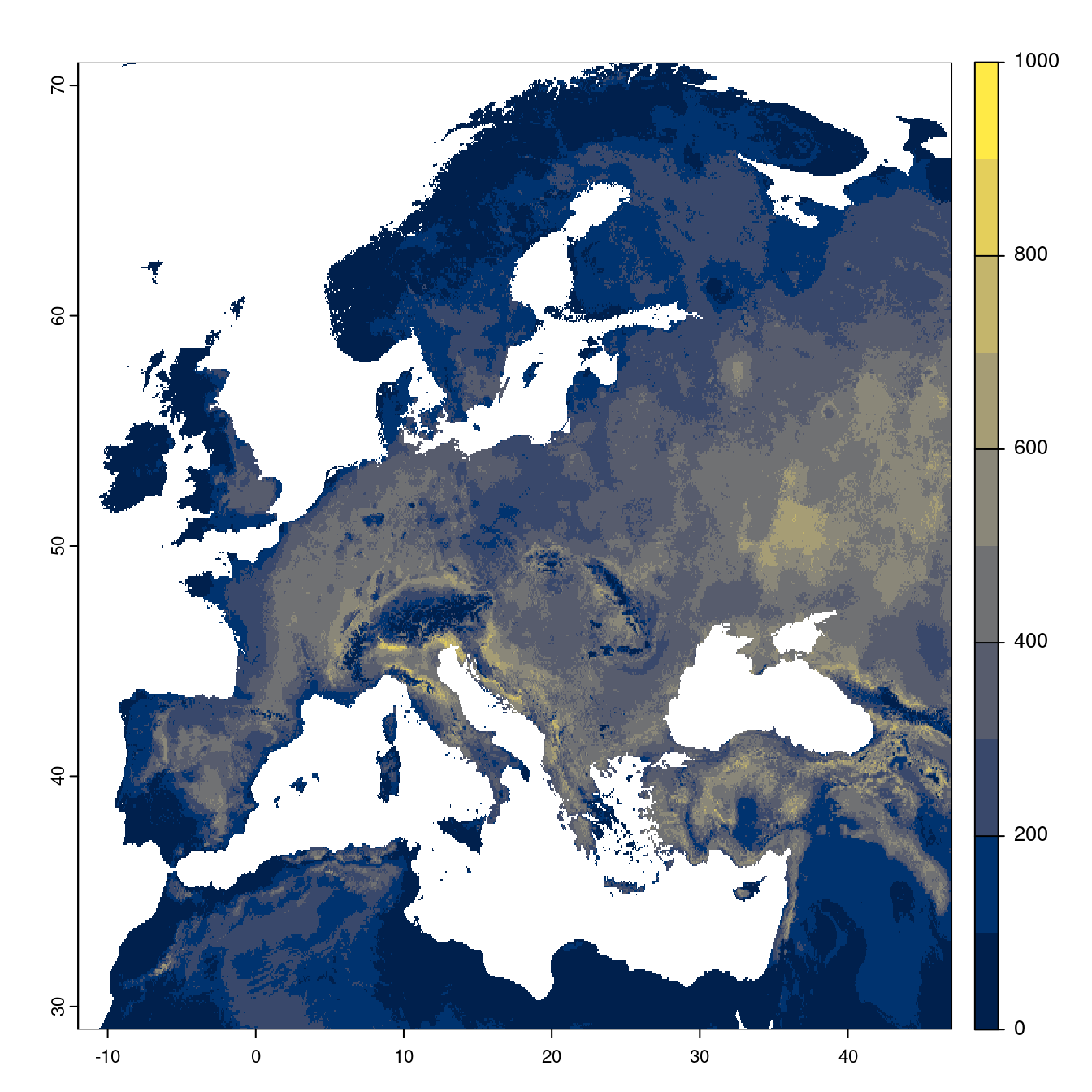 Projection des distributions potentielles futures jusqu'à l'horizon 2100 sous le scénario SSP3-7.0 (modèle d'ensemble).