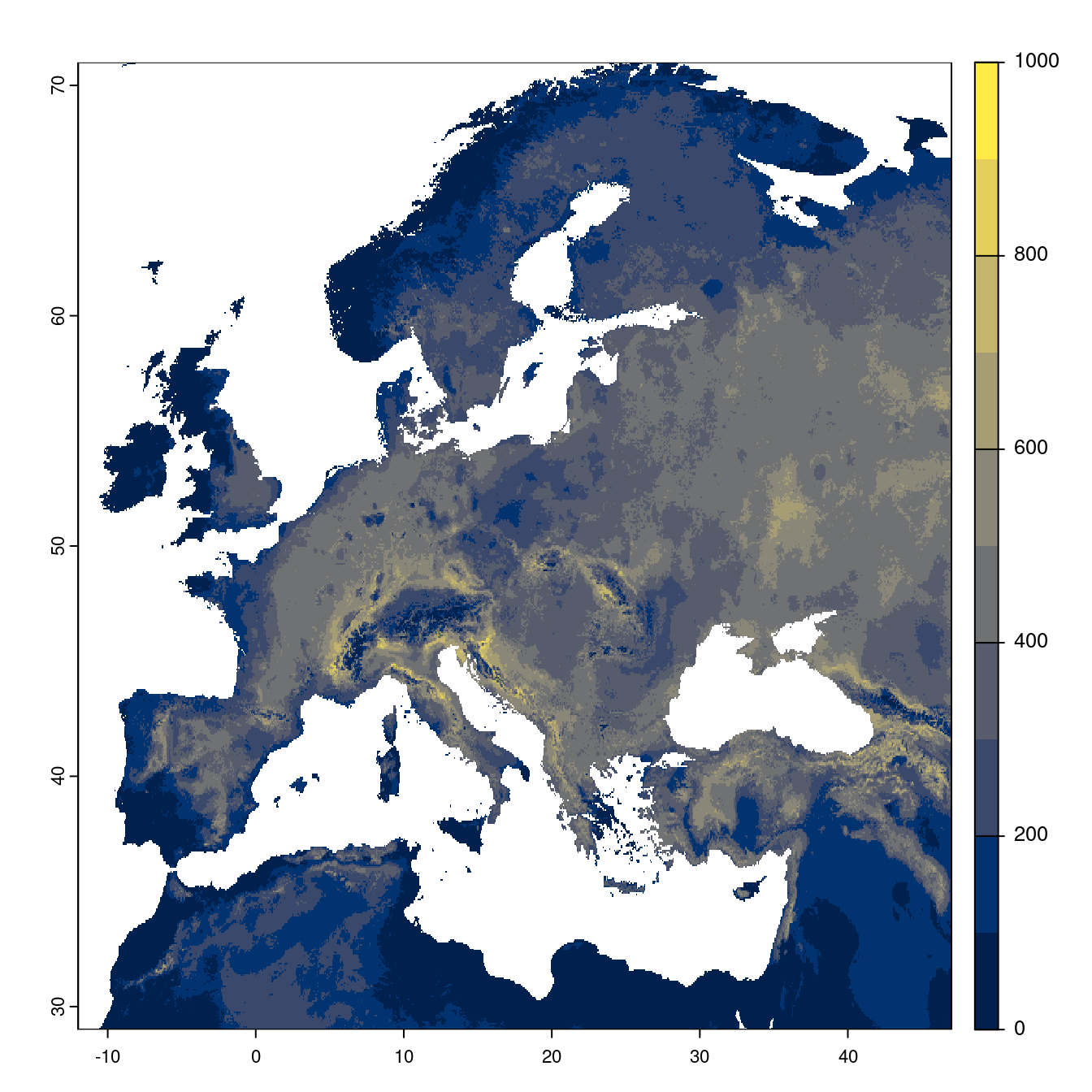 Projection des distributions potentielles futures jusqu'à l'horizon 2100 sous le scénario SSP3-7.0 (modèle d'ensemble).