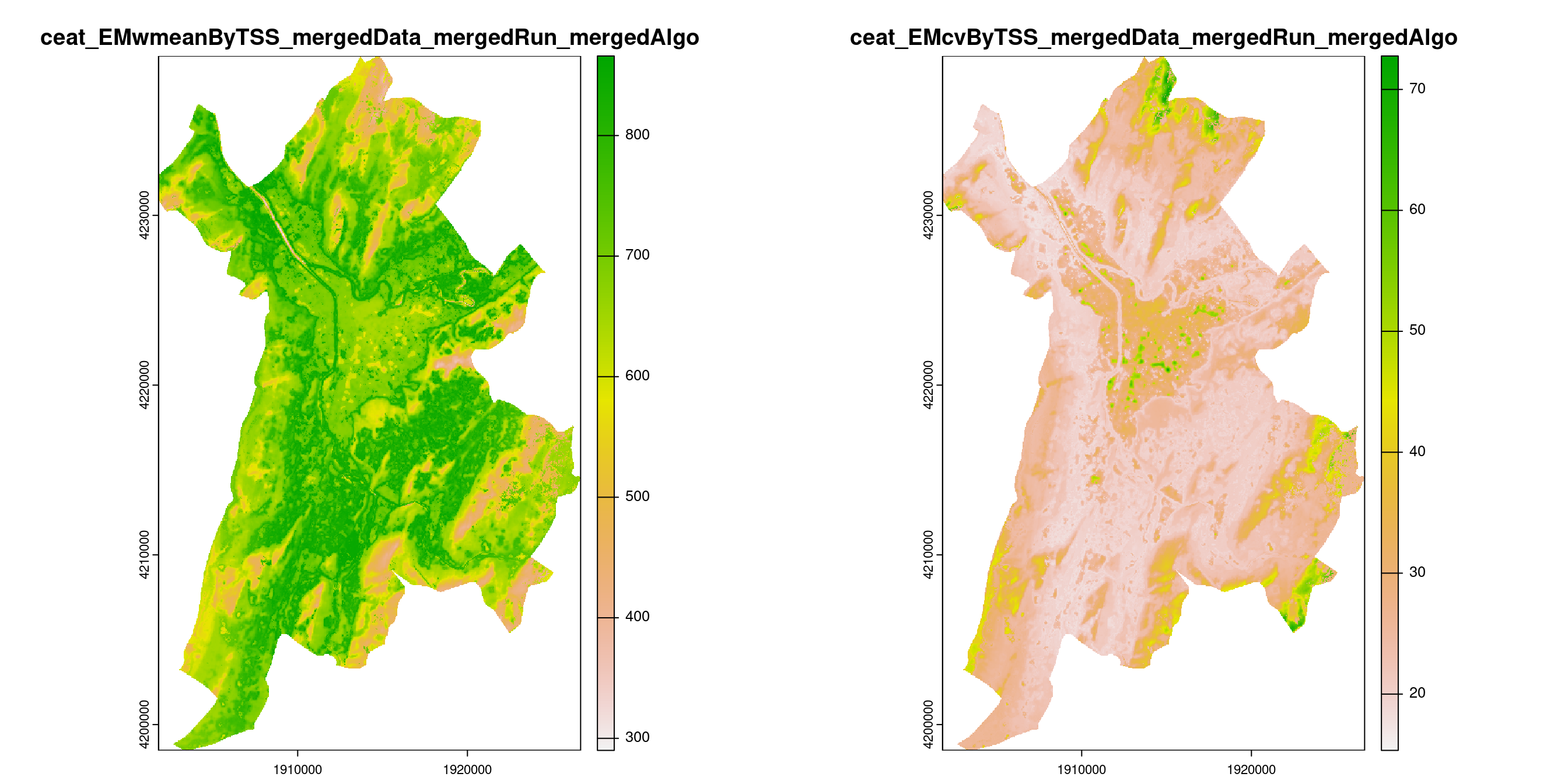 A) Projection de la distribution potentielle contemporaine (modèle d'ensemble) sur la métropole de Grenoble ; B) Incertitude associée à la projection.